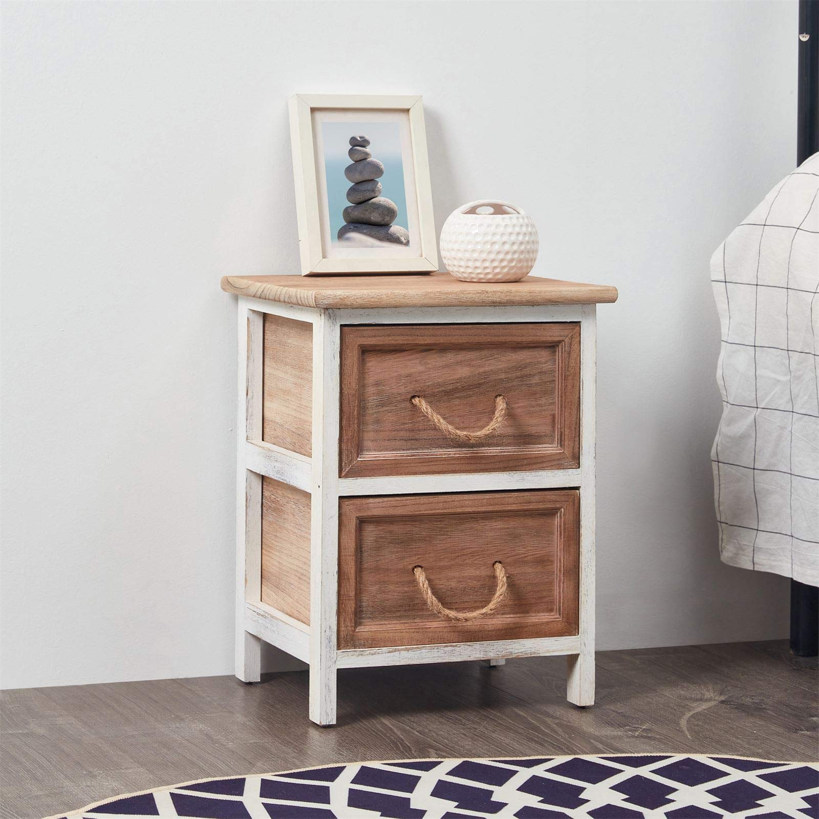 IDIMEX Table De Chevet Treya Bois Blanc 2 Tiroirs - Meuble Nuit Style Campagne 28x46x31cm