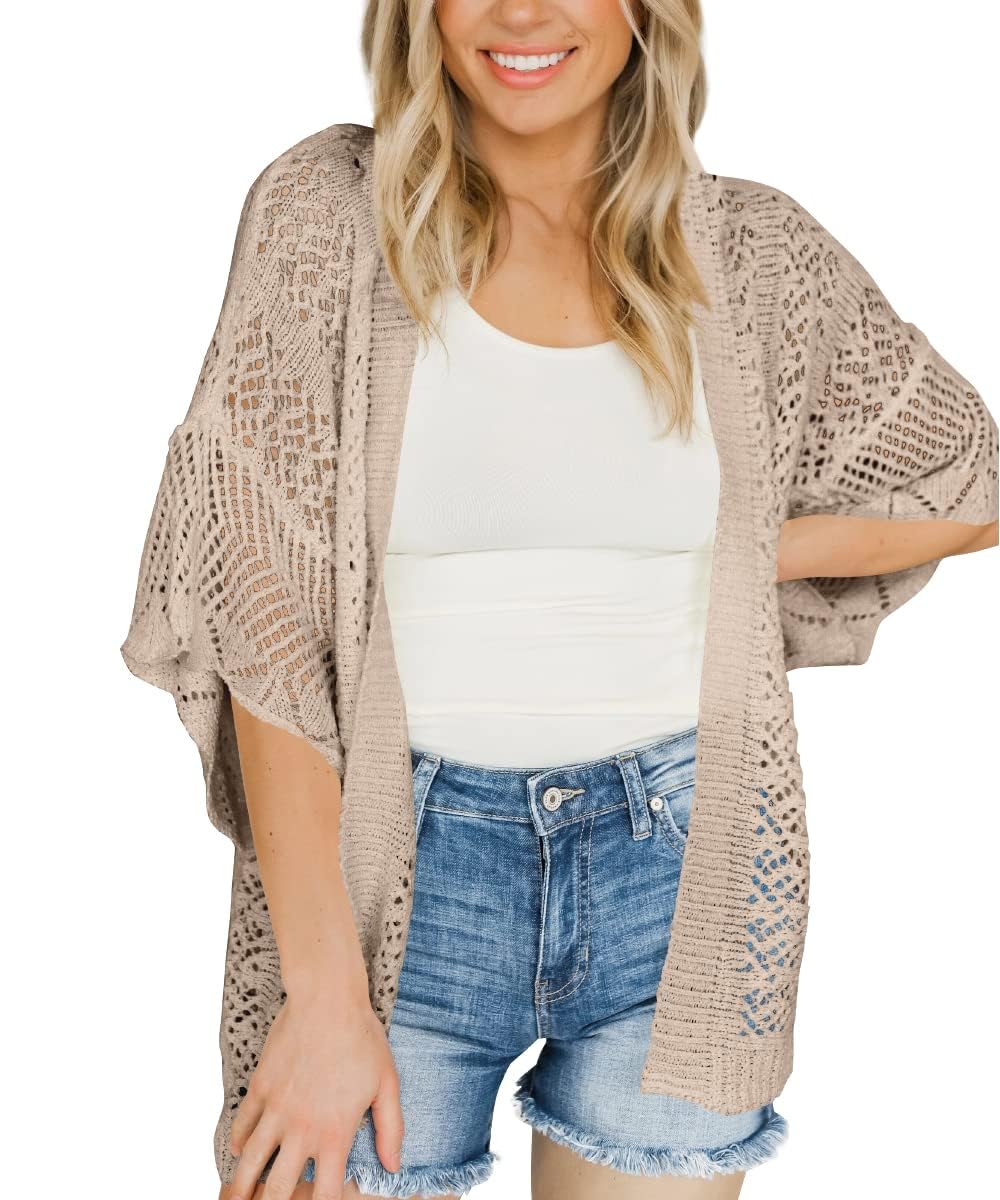 saodimallsu Womens Lightweight Crochet Cardigans Summer Oversized 3/4 Sleeve Open Front Knit Kimono Cover Up-picture-49