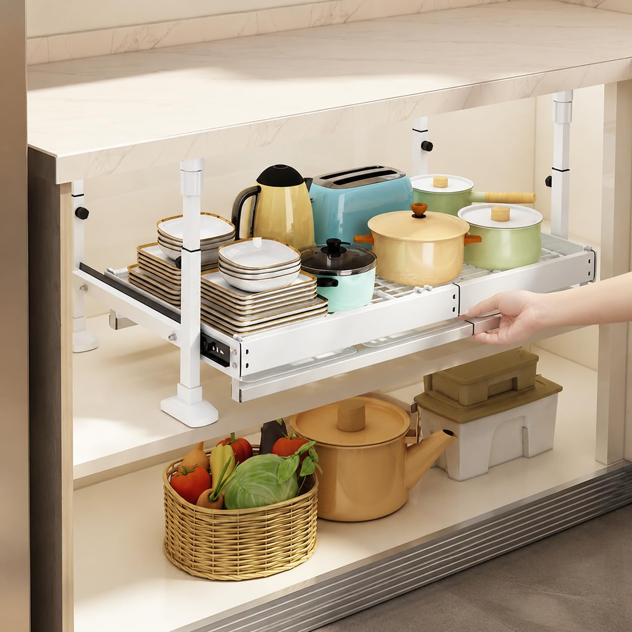 Schrank Organiz Küche Metall, Kohlenstoffstahl Matial, Küchenutensilien Halt, Organisation von Töpfen, Für kleine Küchen, Modern, schlicht, ausziehbar, einlagig, mit Abtropfschale, weiß