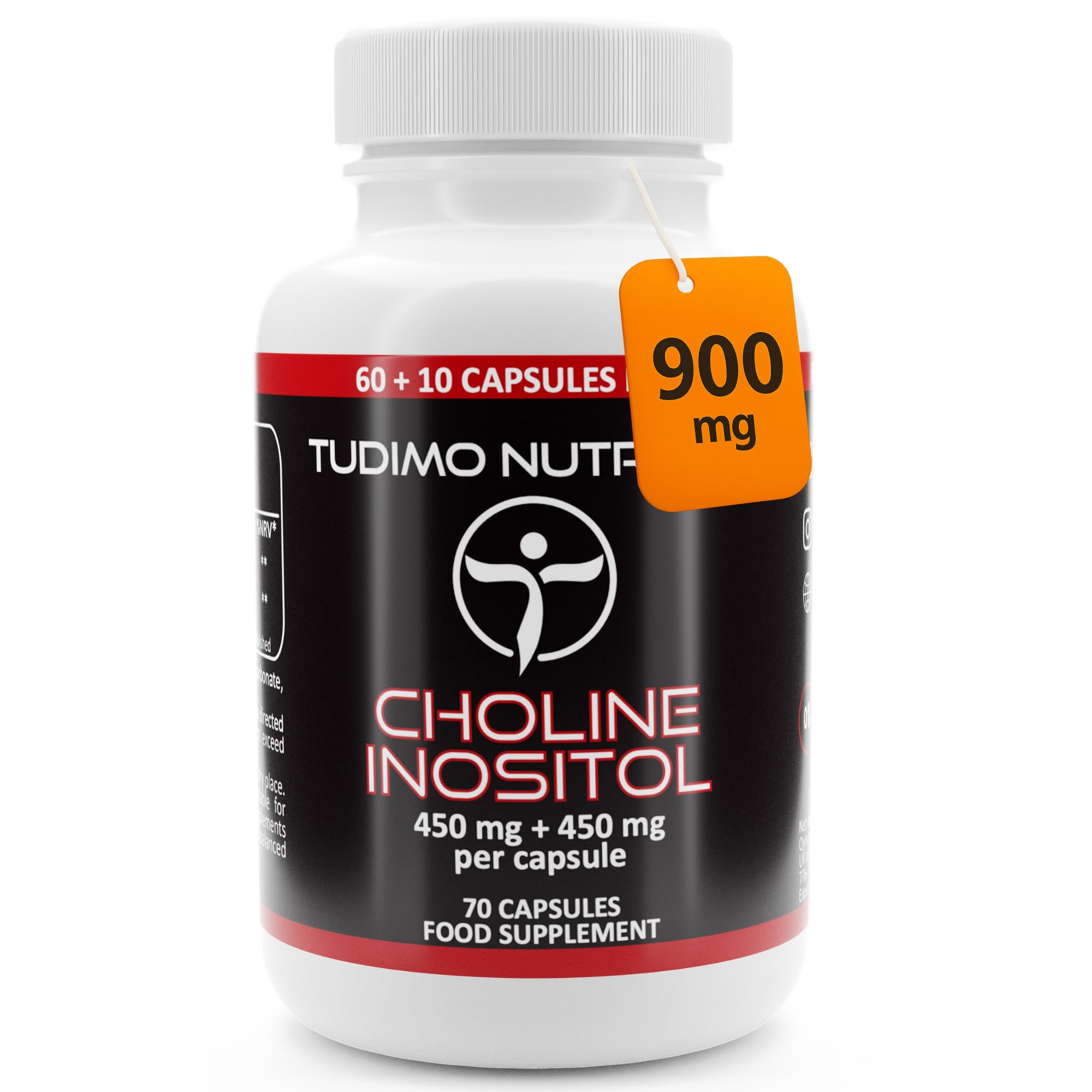 Choline et Inositol 900mg (450 mg + 450 mg) - 70 Capsules (2+ mois) à Désintégration Rapide, Chacune avec 450mg Bitartrate de Choline et 450mg d' Inositol en Poudre