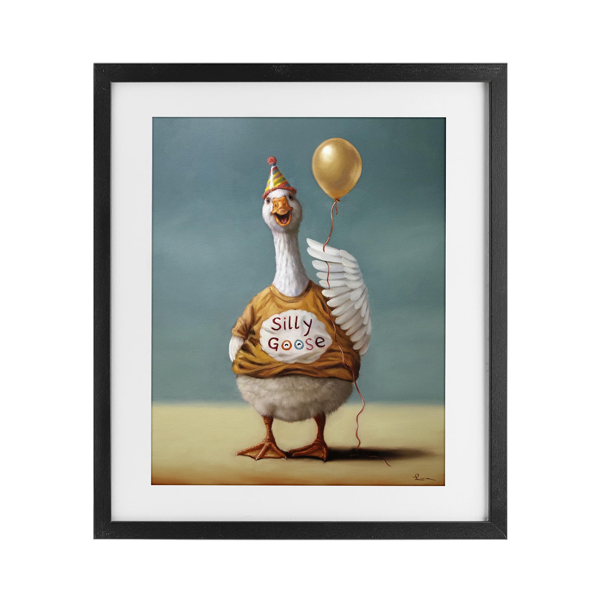 Stupell Industries 'Silly Goose with Balloon', Framed Print Under Glass, Black, 13 x 16 Inches, Easy to Hang and Sturdy, Made in USA, by Lucia Heffernan