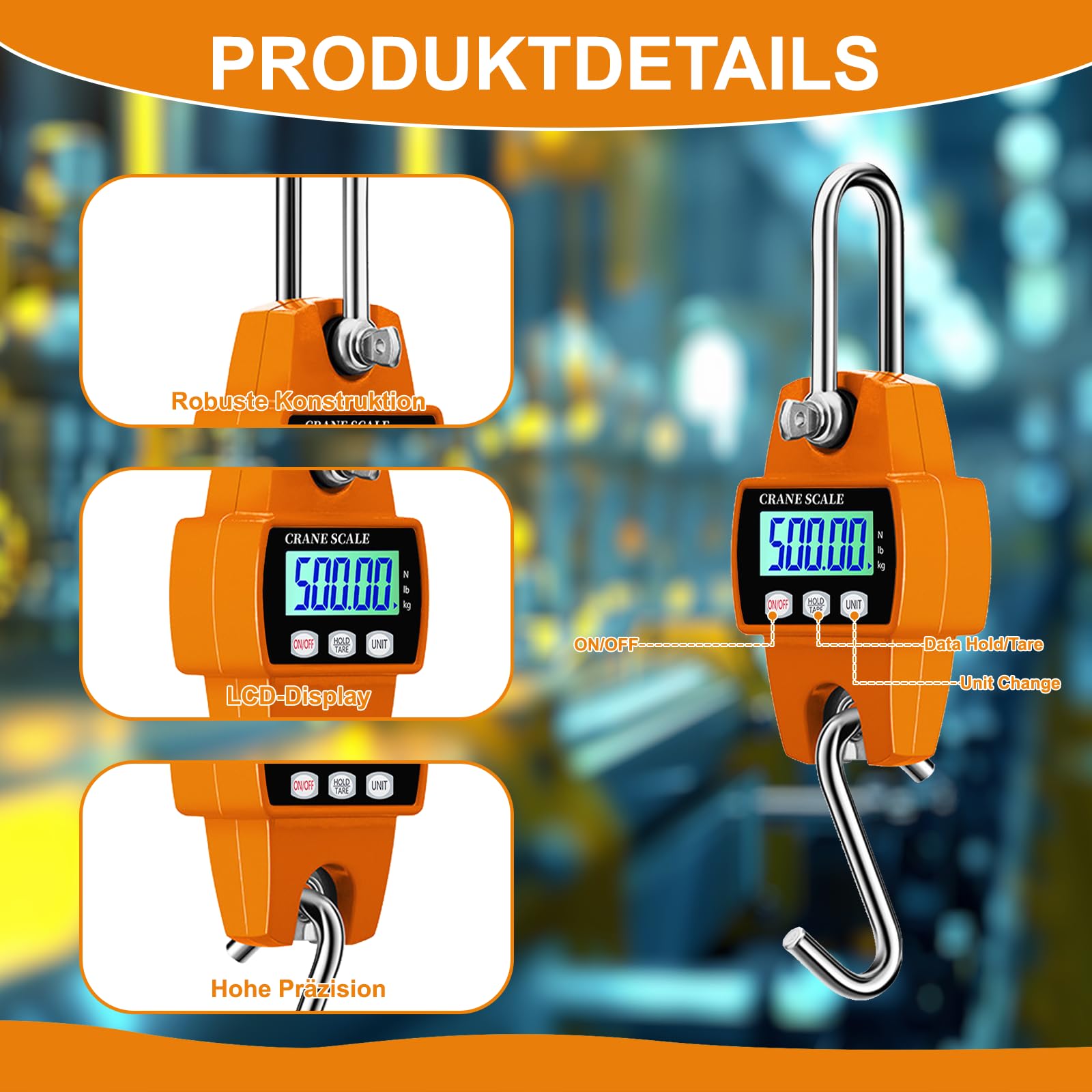 Kranwaage 500KG 1100lbs Elektronische Hängewaage Waage Tragbare LCD Zugwaage mit Haken mit Haken, Zugwaage Wildwaage Digital für Jagd, Bauernhof, Fabrik