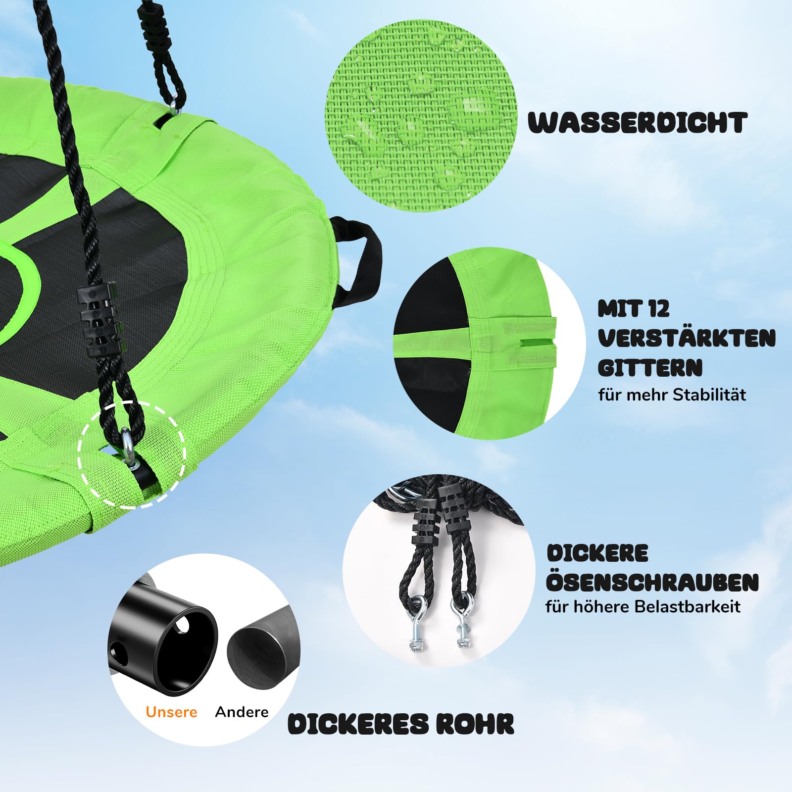 Trekassy Nestschaukel Outdoor 300kg XXL 100cm Tellerschaukel, 3 Meter 2 Schaukel Gurte, 900D Textilene wasserfeste Kinderschaukel Garten mit Stahlrahmen, verstellbaren Seilen, Ideal für Kinder (Grün)