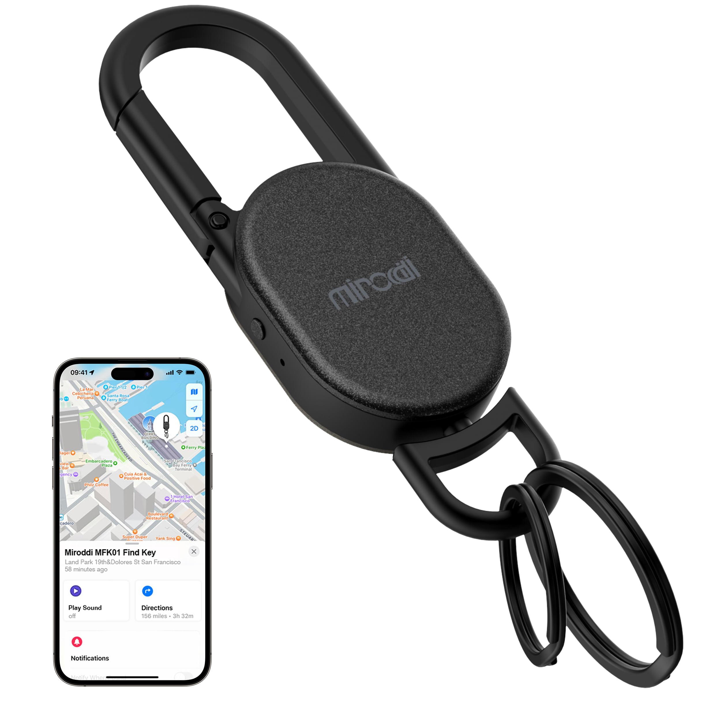 Keychain with Tracker, Men's Keychains Works with Find My App (iOS Only), Heavy Duty Metal Carabiner Car Key Chains with GPS Tracker, Anti-Lost Keyring Finder Locator, Rechargeable, Black