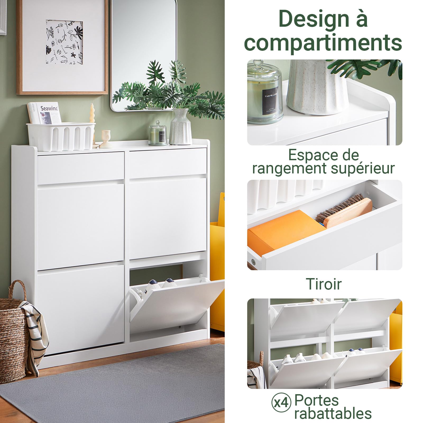 SoBuy Meuble Chaussures 4 Portes Pliables 98x19x95cm pour Entrée