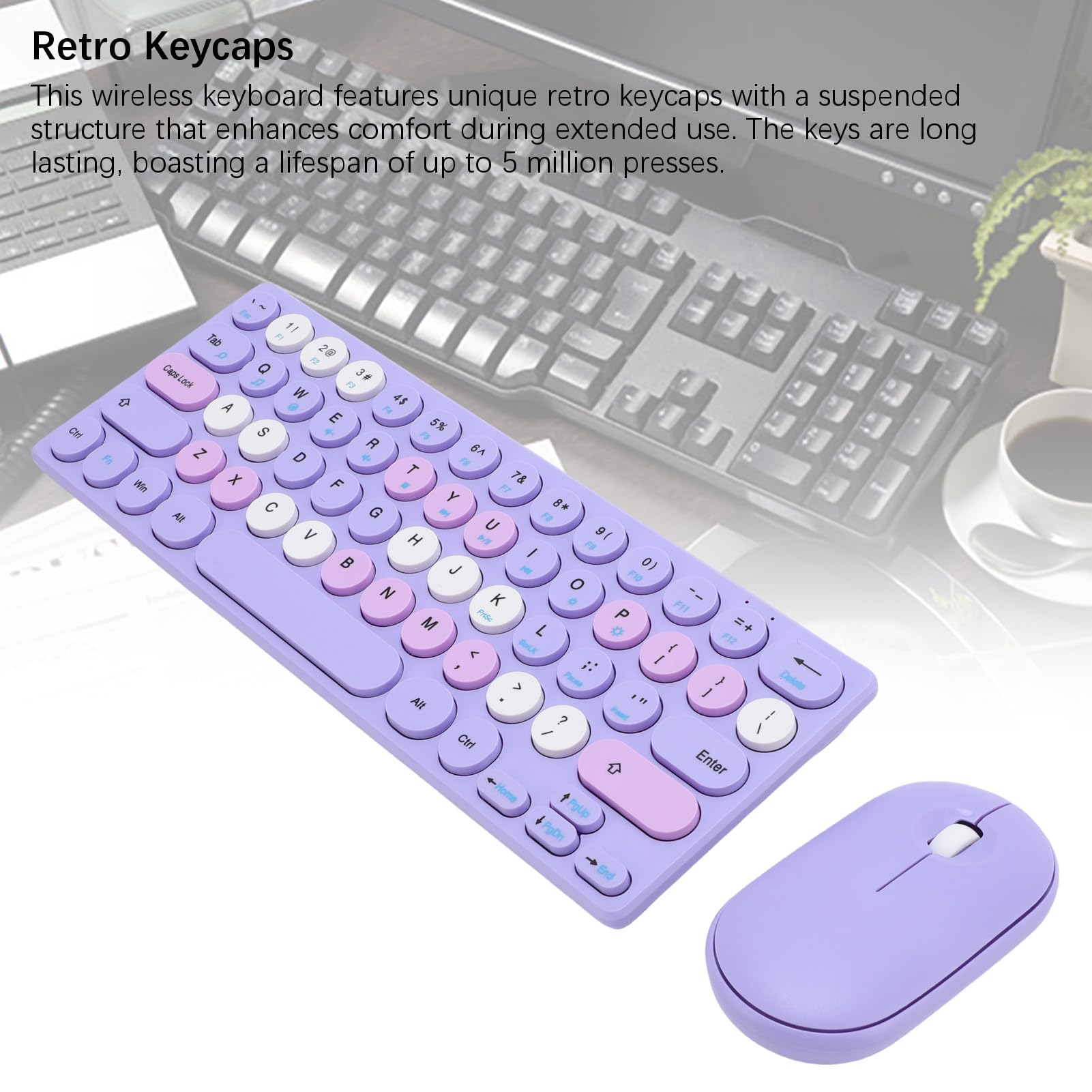XUMIUZIY Bezprzewodowa Kombinacja Klawiatury i Myszy, Automatyczne Uśpienie Retro 64 Klawiszy, Klawiatura 1200 Dpi Mysz z Odbiornikiem, Połączenie Bezprzewodowe 2,4 GHz, Kompatybilna z (fioletowy)