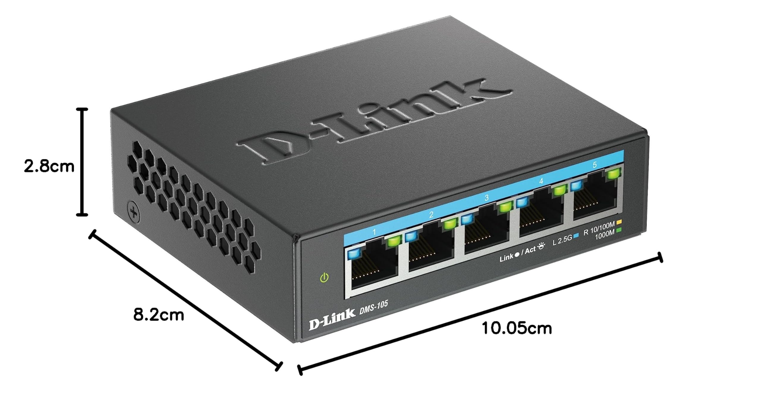 D-Link DMS-105, Switch Multigigabit, sin gestión, sobremesa, 5 Puertos 2.5 Gigabit (2.500 Mbps), Ideal para Enlace a NAS o servidores, metálico, Plug and Play, IGMP Snooping | 5 puertos de 2,5 G, sin ventilador, carcasa metálica, QoS, Plug and Play