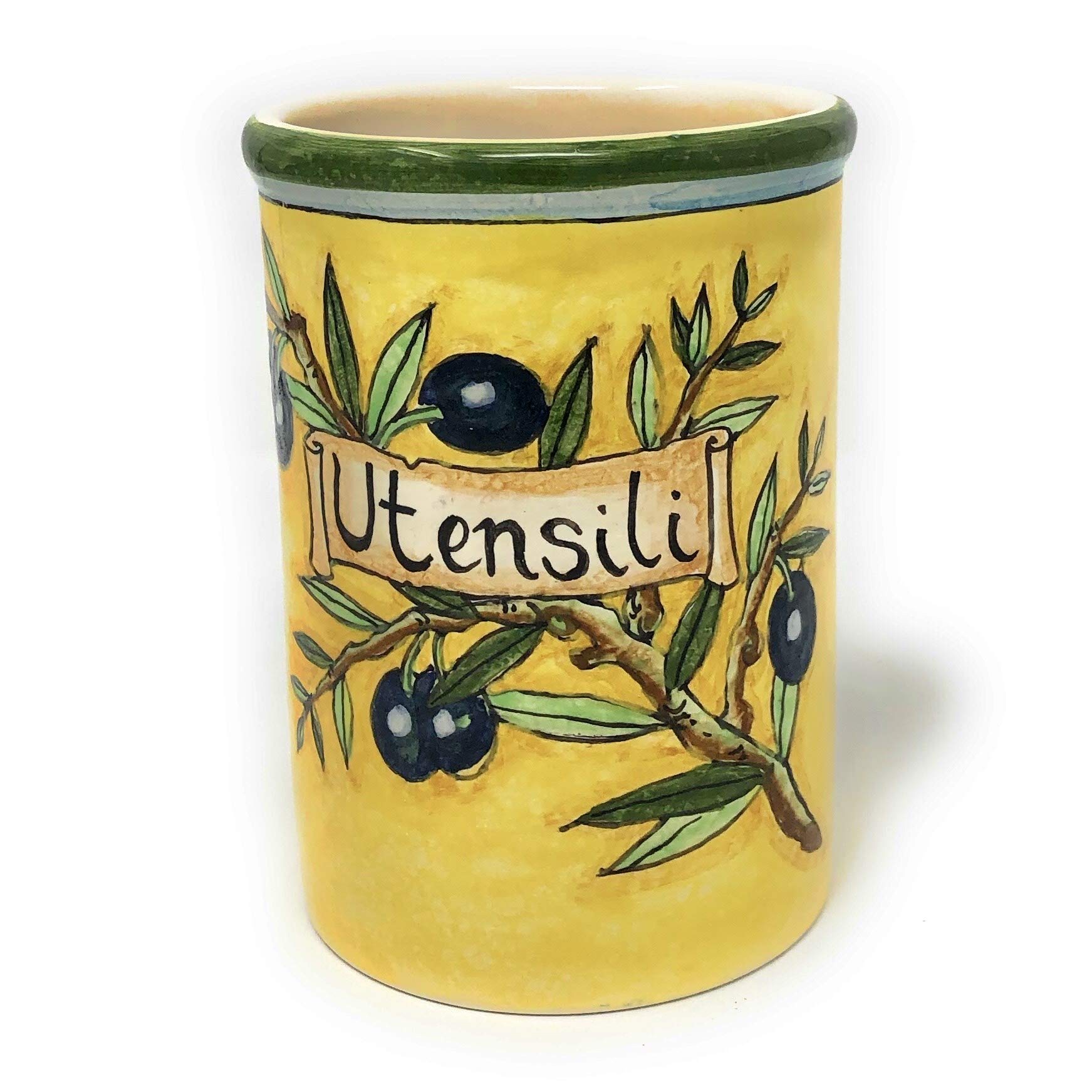 Italian Ceramic Utensil Holder Vessel Hand Painted Decorated Olives Made in ITALY Art Pottery