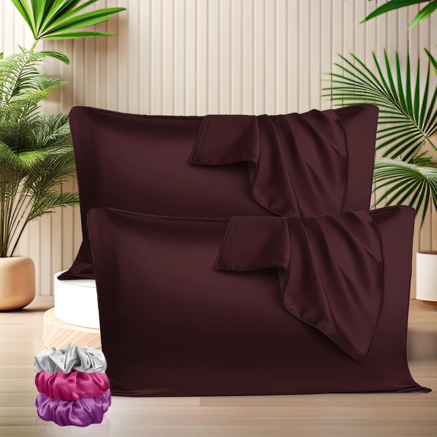 SITTELLA® 72x46 cm Set of 2 Satin Silk Pillow Covers with 3 Free Scrunchies | 600 TC Soft Pillowcase for Hair & Skin | Envelope Closure | Brown