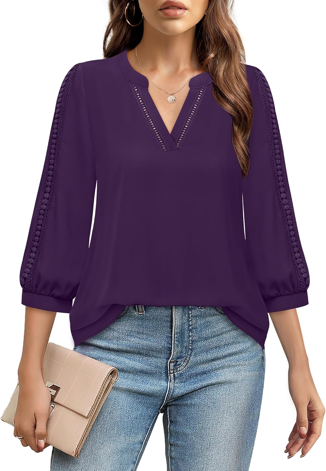 Unixseque Women's 3/4 Length Sleeve Blouses Chiffon V Neck Business Casual Tops Ladies Work Shirts - Image 2