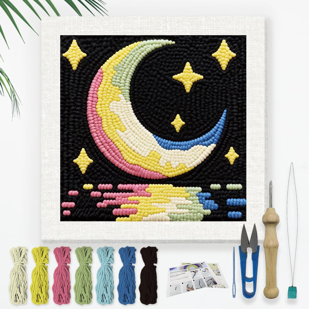 DOODLREAM Moon and Starry Sky DIY Punch Needle Embroidery Kit for Adult Beginner, 24cm Night Sky Punch Stitching Craft Set for Starter with Frame, Fabric Pattern, Threader, Yarn, Punch Needle