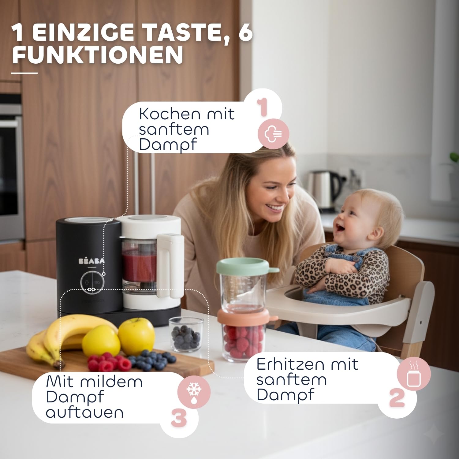 BÉABA Babycook Néo 6-in-1 Babynahrungszubereiter Dampfgarer Mixer Glas-Schüssel Edelstahl-Behälter Schwarz