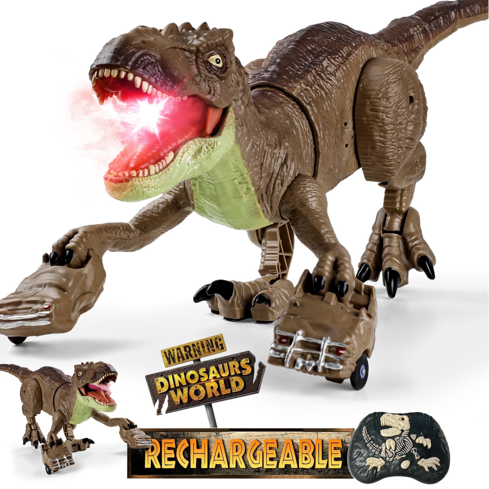 Tecnock 2025 Dinosaure Télécommandé Rechargeable pour Enfants, Robot T-Rex avec Lumières, Sons, Pulvérisation, Marche Réaliste, Télécommande 2.4GHz, 60 Min de Jeu, Cadeau Garçon Fille 3+ Ans