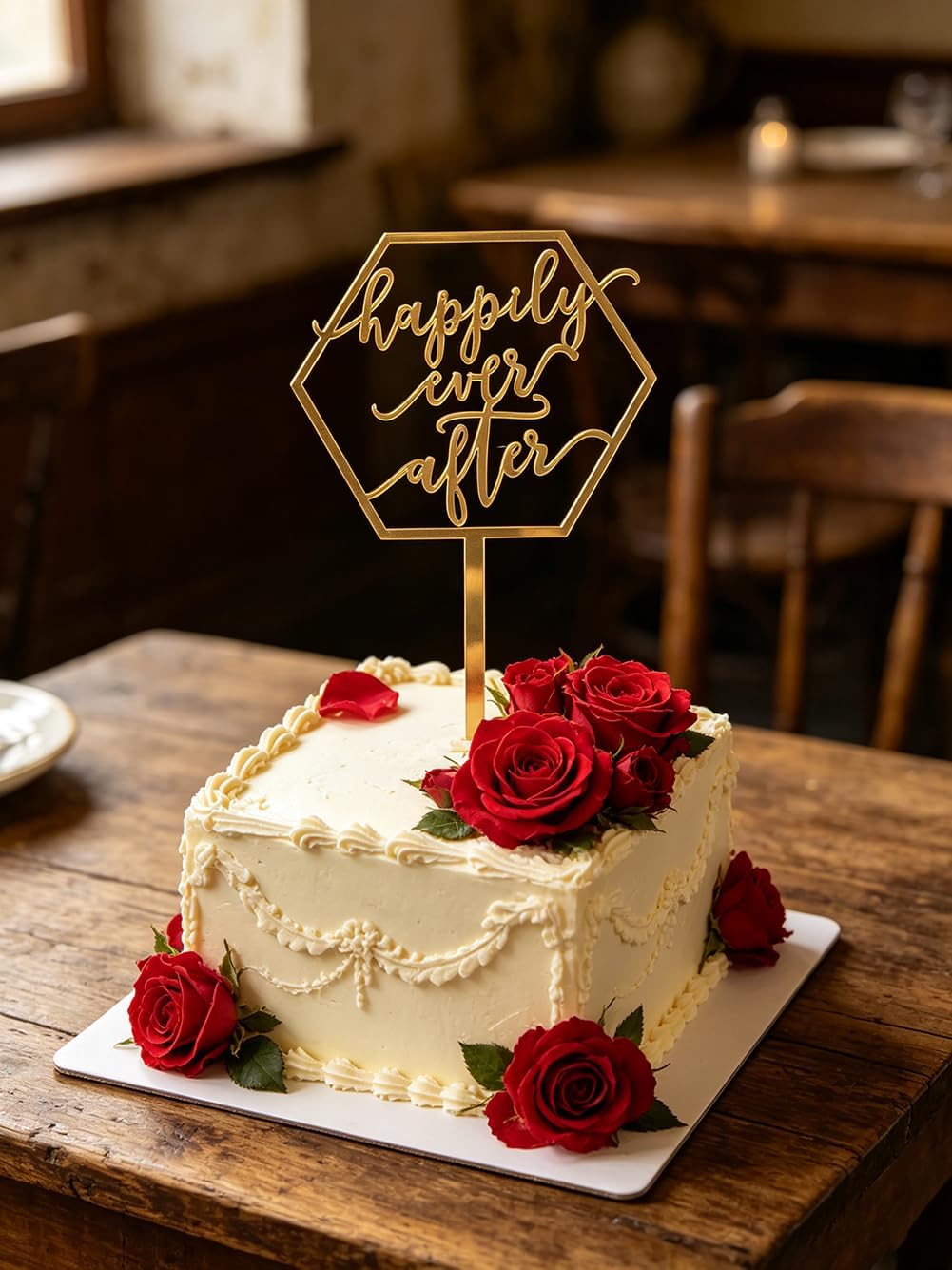 Gold Acrylic Hexagonal Design Happily Ever After Cake Topper Cake Decor for Wedding, Engagement, Bridal Shower, Vow Renewal, Anniversary Party Decoration Supplies image 5