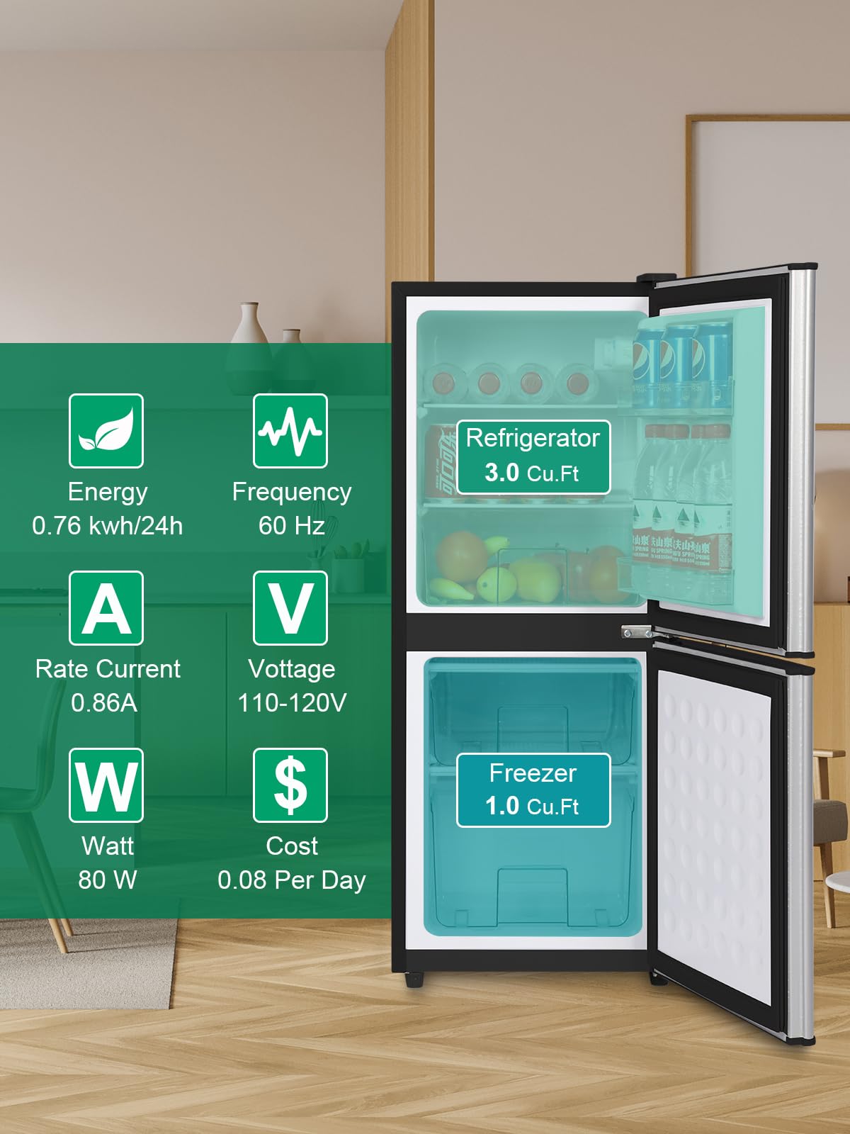 Krib Bling Refrigerator With Freezer 4.0 Cu.Ft With 7 Level Adjustable Thermostat Control 2 Door Energy Saving Bottom Freezer Compact Refrigerator Silver on Fridge.com - View 6