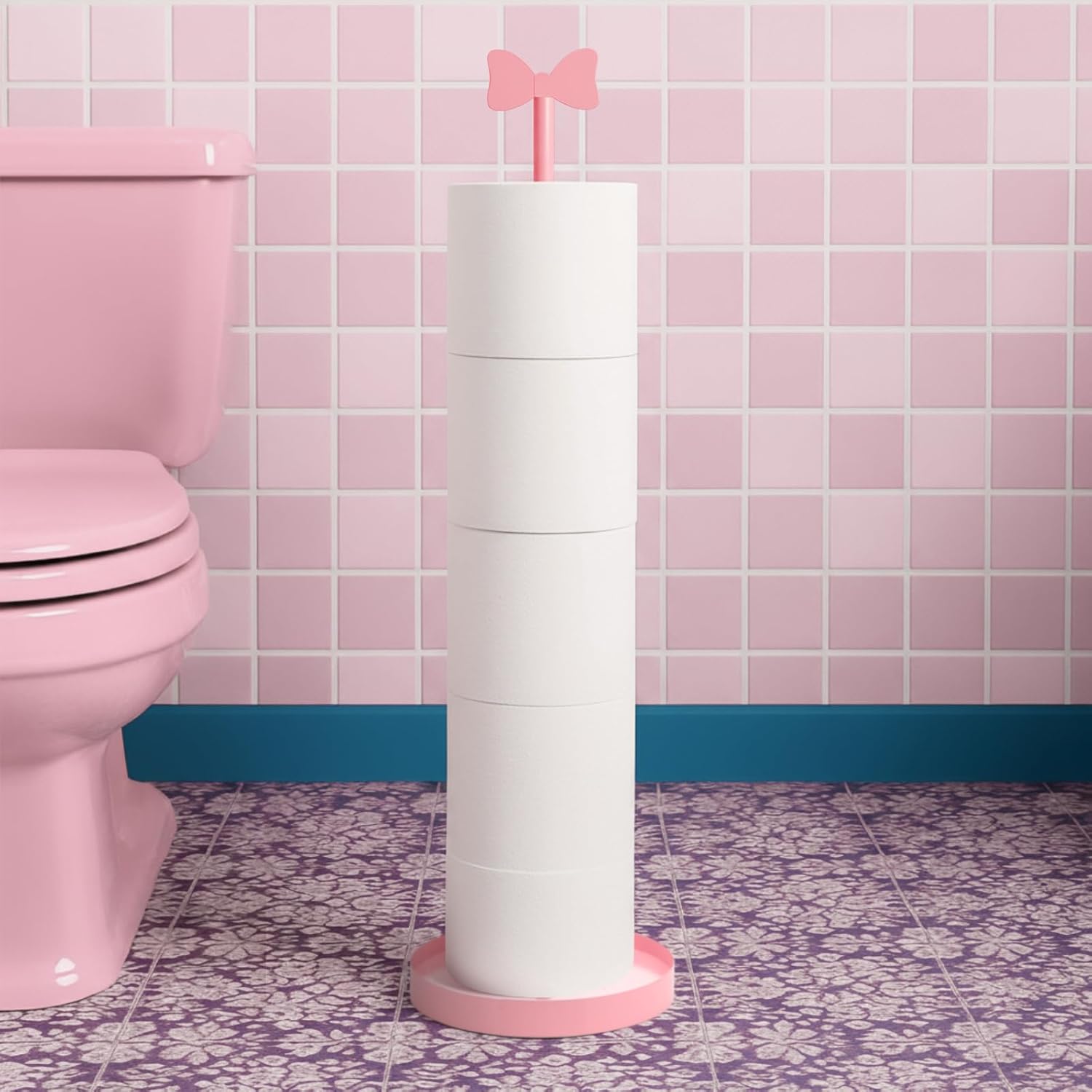 Sawysine Pink Bow Toilet Paper Holder Metal Cute Heavy Duty Toilet Paper Roll Storage Freestanding with Reserve Function Coquettish Bathroom Decoration Height 23.62