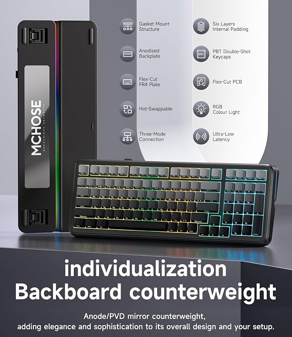 MCHOSE K99 98% Wireless Mechanical Keyboard, Tri-Mode Connection, Compact Gaming Keyboard with Six-Layer Padding Gasket, RGB Backlit,Hot Swappable Custom Keyboard for Mac/PC