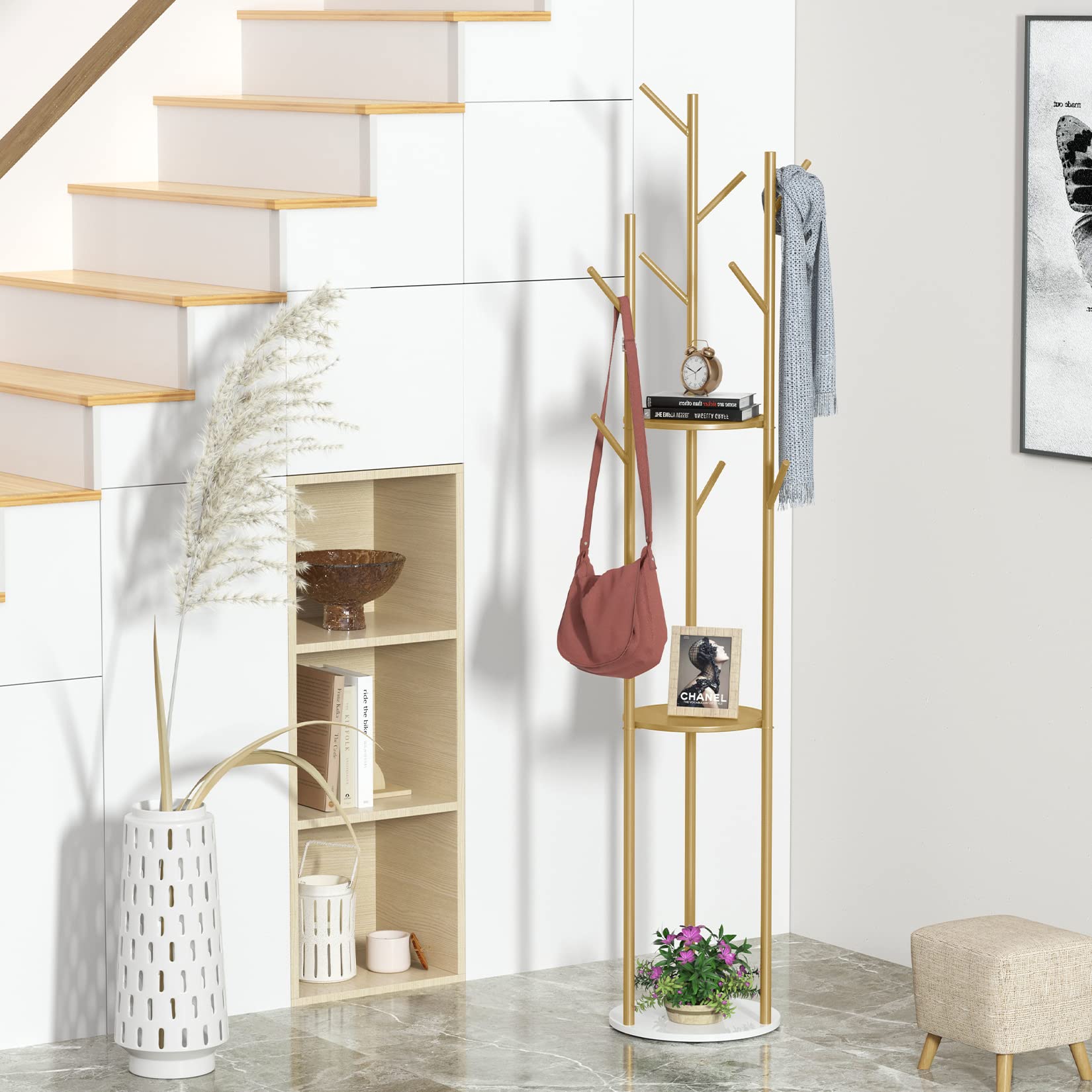 unho Stand Appendiabiti Attaccapanni da Terra: Oro Appendiabiti da ingresso con 3 Ripiani Moderno Appendi abiti Elegante in Metallo e Marmo Base 172,5x32cm