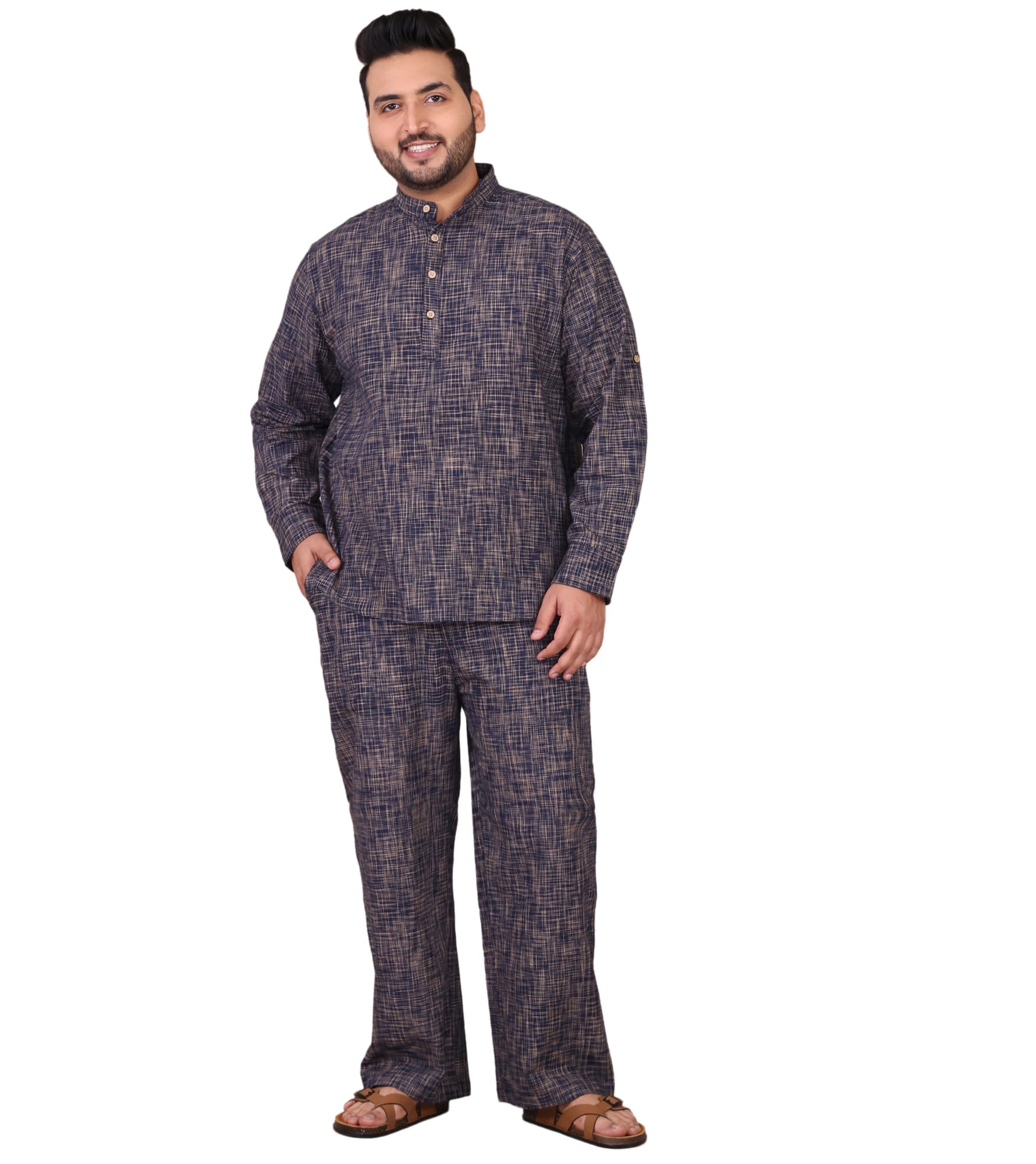 amanush Men's Khadi Look Pure Cotton Co-Ord Set for Men|2 Piece Sets|Kurta Pajama Combo|Vacation Dress|Casual|Latest|New (Navy Blue)-picture-16