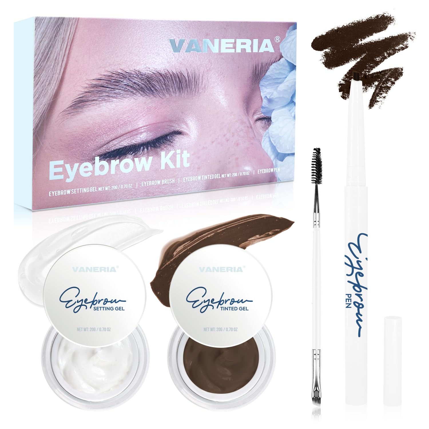VANERIA Kit de Maquillaje de Cejas con Jabón, Maquillaje de Cejas Rellenable, Gel Fijador de Cejas+Gel Tintado de Cejas+Lápiz de Cejas+Pincel de Cejas. (Marrón oscuro)