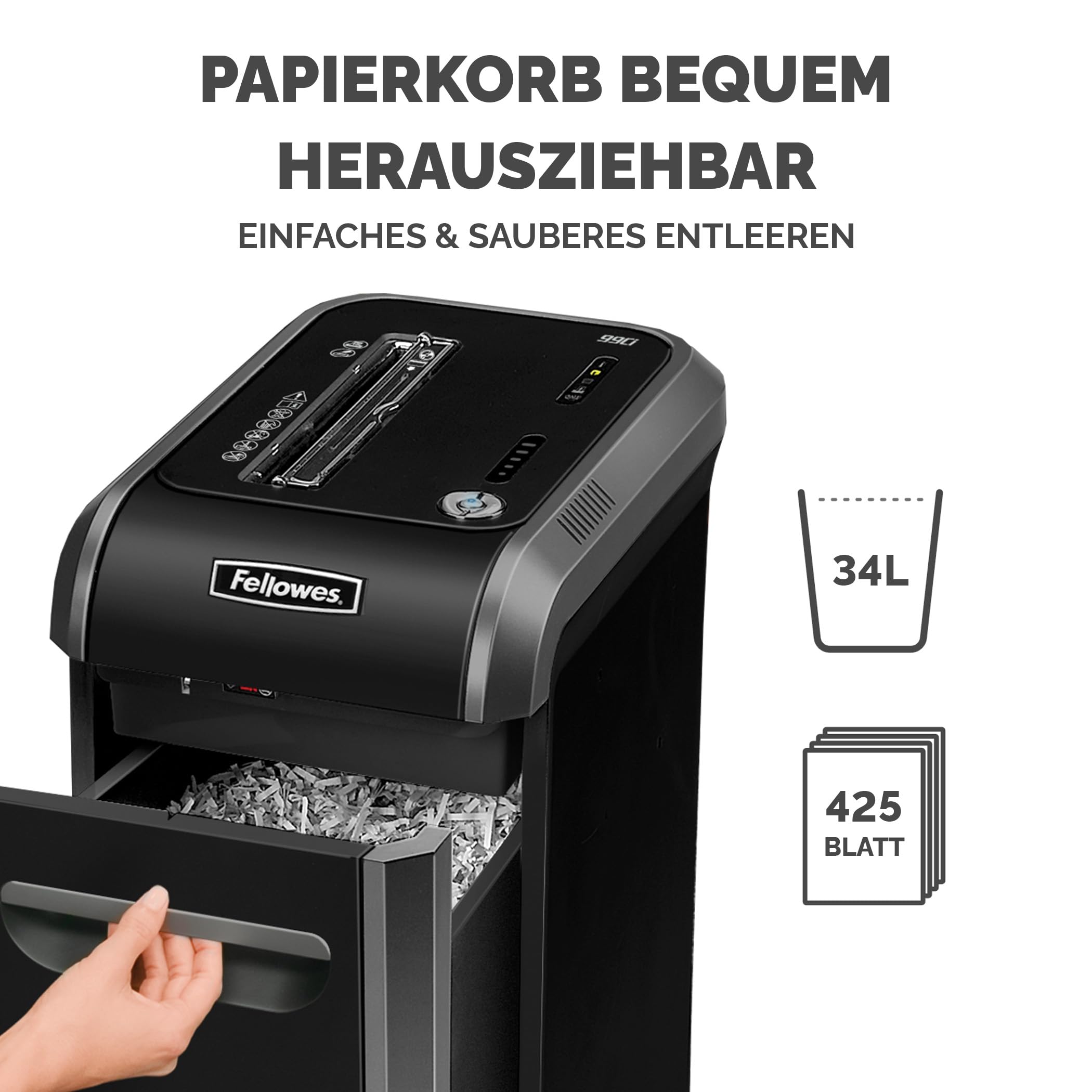 Fellowes 18 Blatt Aktenvernichter, Partikelschnitt (P4) Papierschredder für Büro, Powershred 99Ci, Schredder mit 100% staufrei Technologie, Safesense, Energiesparsystem, 34L Papierkorb, CD Schredder