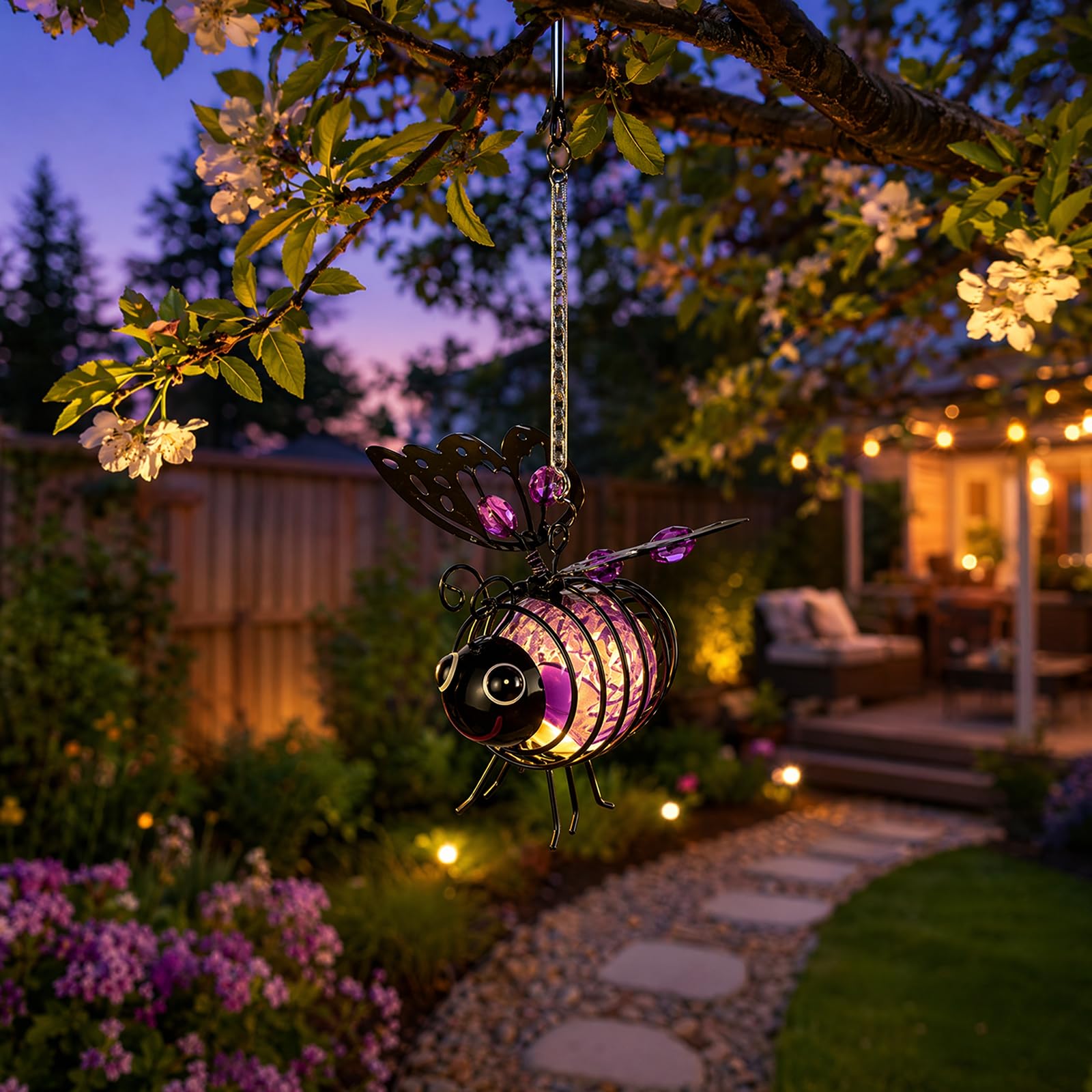 C Bee Solar Lights Outdoor Garden, Hanging Metal Bees Lanterns