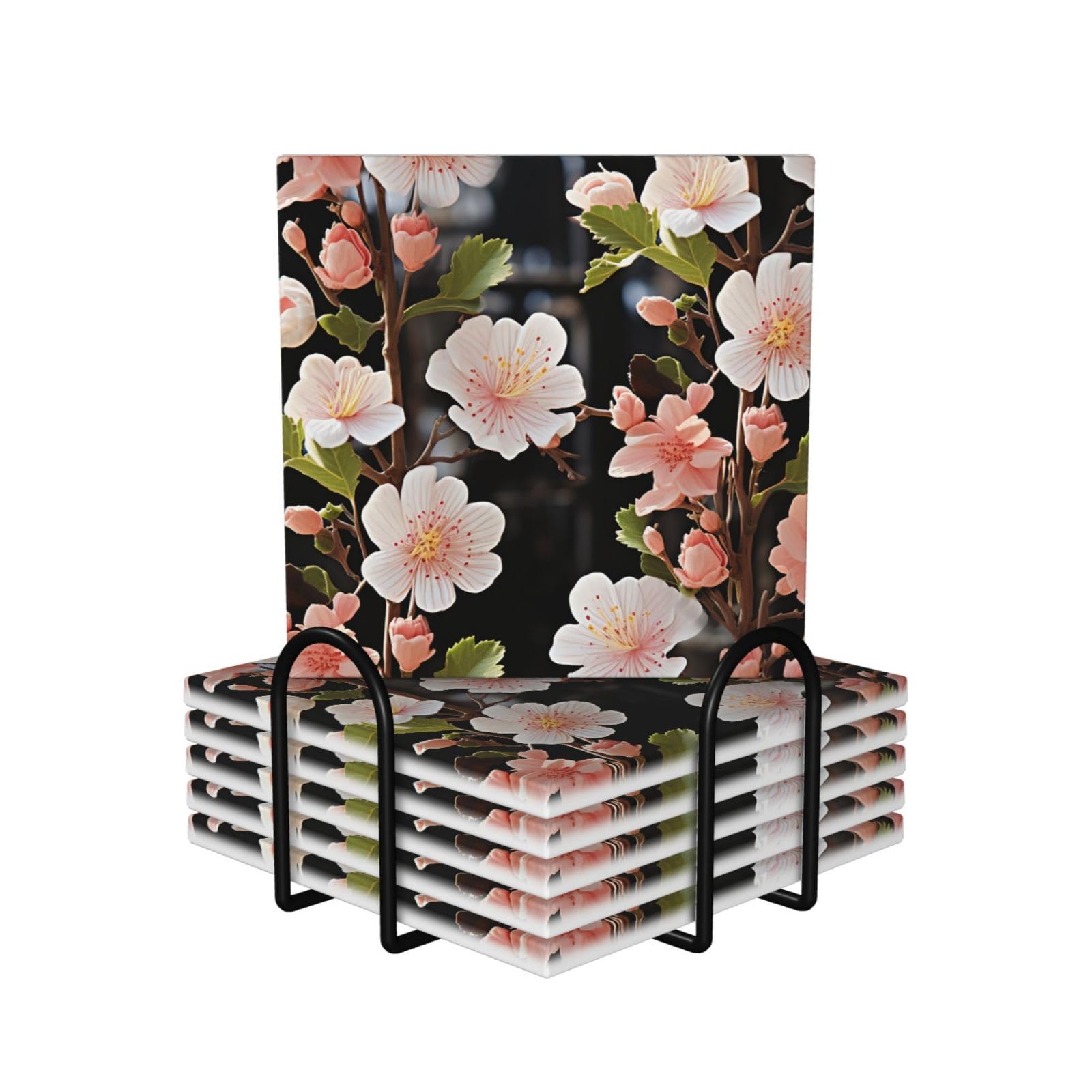 Dessous de verre en céramique fleur de jasmin rose avec support pour bureau et cuisine
