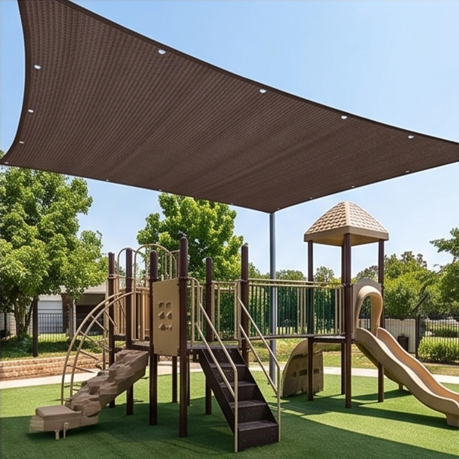 Żagiel Przeciwsłoneczny HDPE Prostokątny 225 x 590 cm Oddychający HDPE Oddychający Oczka Ze Stali Nierdzewnej Dla Patio, Dziedzińca I Basenu, brązowy