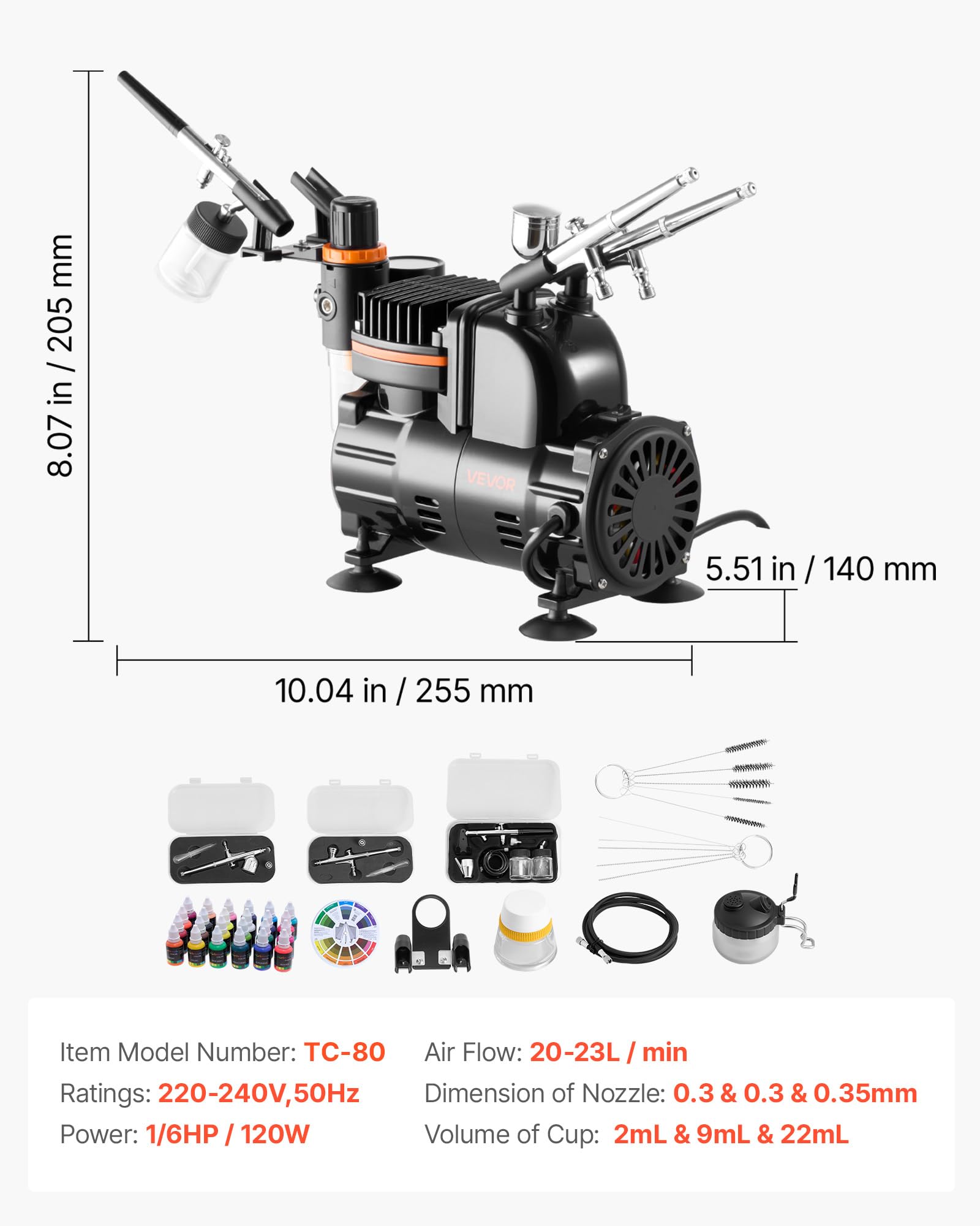 VEVOR Kit de Aerógrafo con Compresor de Aire 1/6 HP, 3 Aerógrafos de Doble Acción con 3 Boquillas, Manguera, Pinturas Acrílicas, Pincel, Kit de Pintura para Decoración de Tartas, Maquetas, Uñas