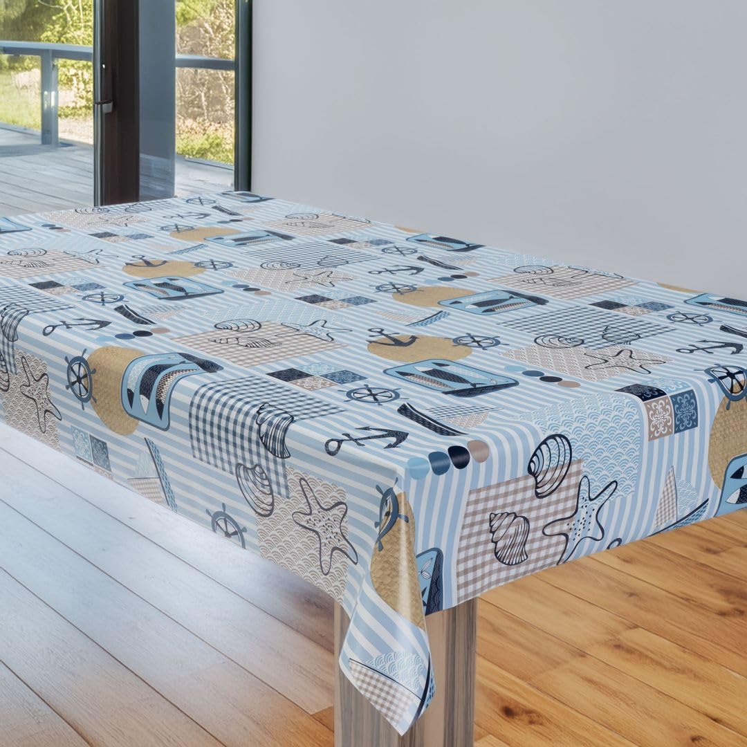 laro Wachstuchtischdecke Nautik Muster Blau Eckig PVC - Abwischbare Tischdecke als Meterware, Wasserabweisende Tischdecke für Küche, Balkon & Garten