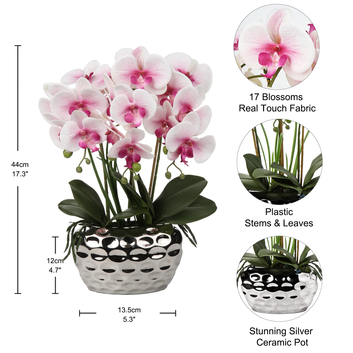 Oairse Plante Artificielle orchidée, Fleurs artificielles, avec de Vraies Fleurs, en céramique, pour décoration de Table, Chambre à Coucher, Salle de Bain, Salon, Höhe 44cm, Rose