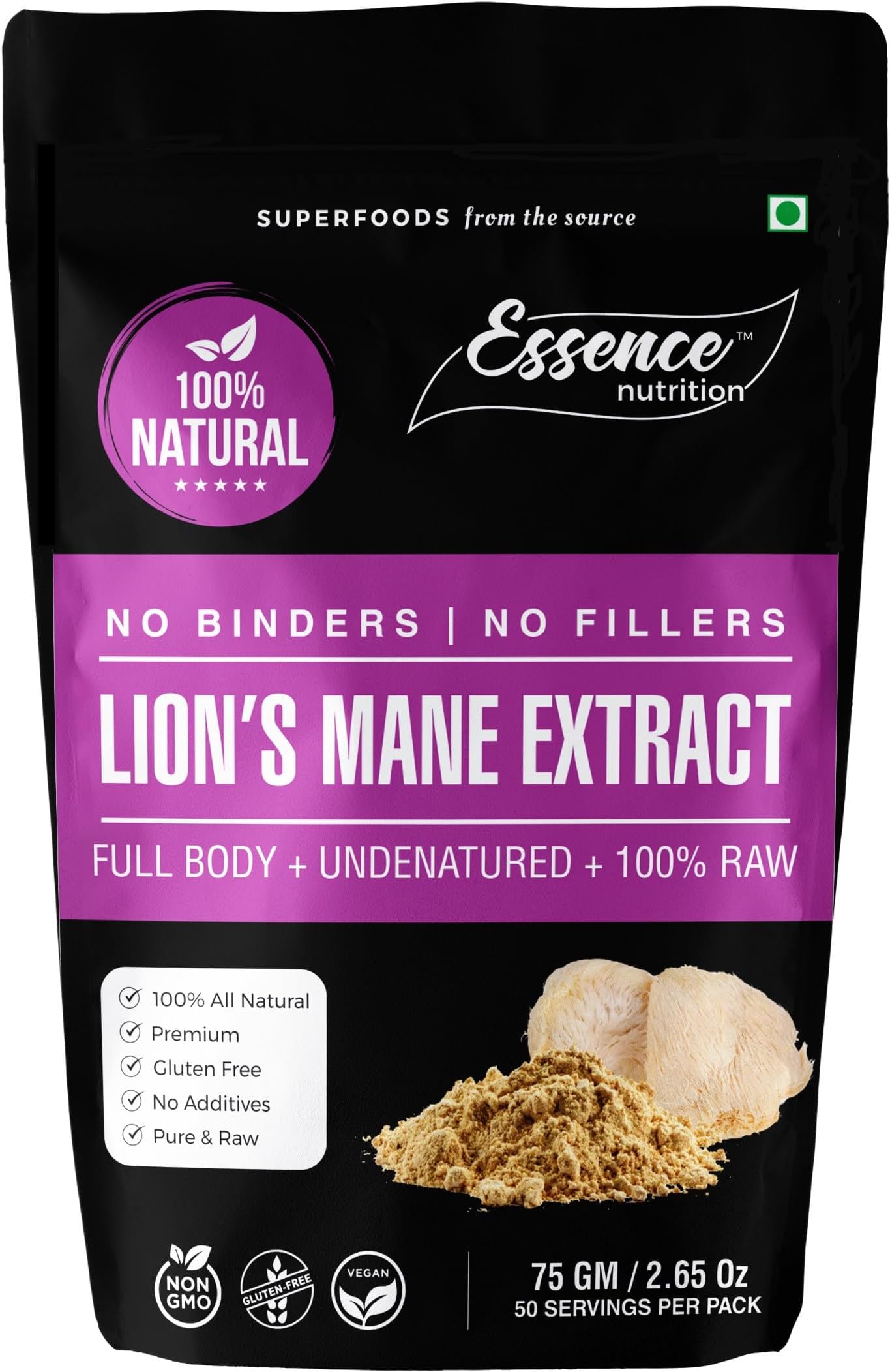 Essence Nutrition Lions Mane Mushroom Extract Powder (75 gm) - Lab Tested, Pure High Beta Glucan & Polysaccharides Mushroom Supplement - Most Potent Imported Supplement
