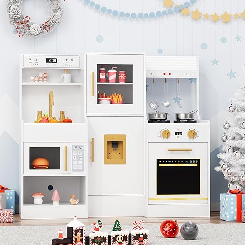 Miniatura 8 de MAMIZO Cocina de juego de madera para niños, juego de cocina de juguete para niños, juego de cocina interactivo grande con 6 utensilios de cocina,