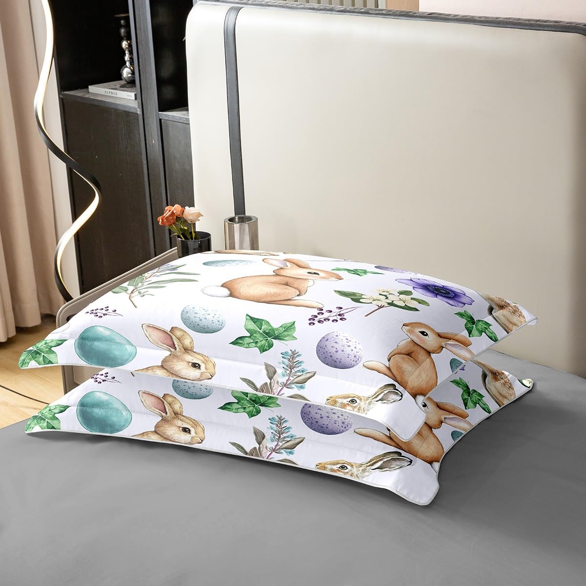 Castle Fairy Vintage Jungle Rabbits Duvet Cover - Toddler Size, Watercolor Flowers, Farmhouse Easter Theme - View #3