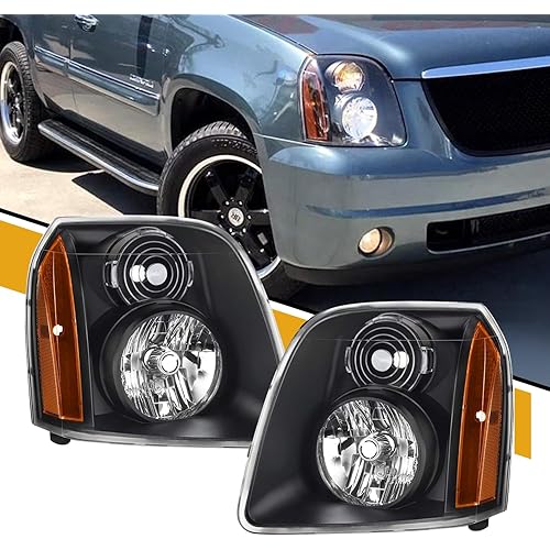 Headlight Assembly Pair Compatible with GMC Yukon/Yukon XL 1500 2500 2007-2014, Factory-Style Head Lamp Replacement 15861026 15861025, Black Housing+Amber Side, Left and Right Side