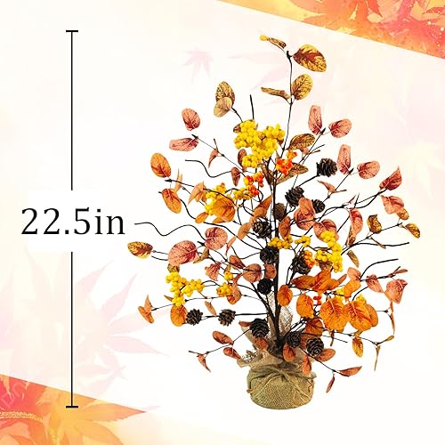 Miniatura 4 de Uieke Árbol de otoño de 20.5 pulgadas, decoración de otoño, árbol de eucalipto artificial con conos de pino, bayas florales naranjas, base