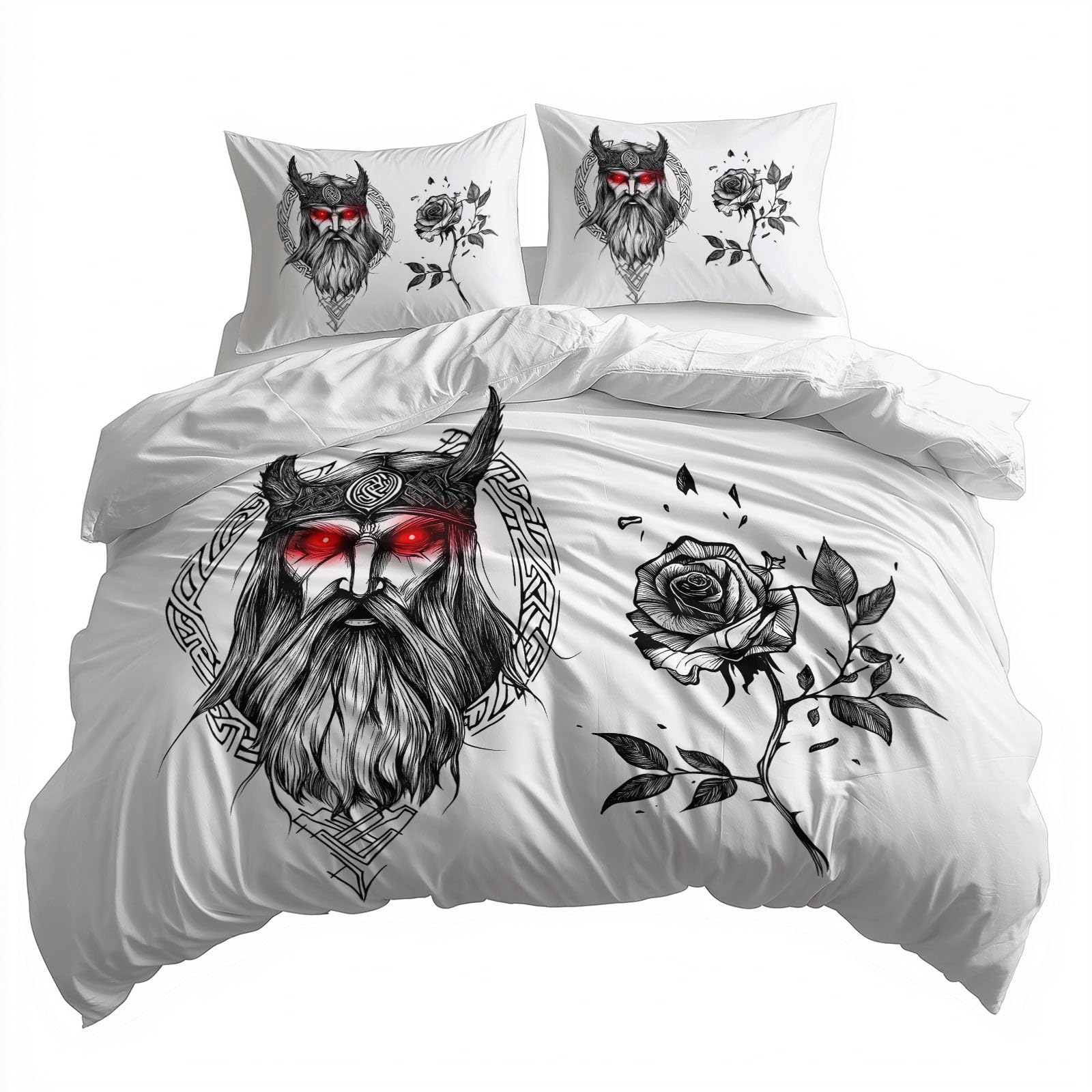 Zestaw pościeli Viking Geometryczna Róża Roślina 220 x 240 cm dla 2 osób, biała poszwa na kołdrę z nadrukiem z mikrofibry dla dziewczynki chłopca - Miękka wygodna pościel z 2 poszewkami na poduszki