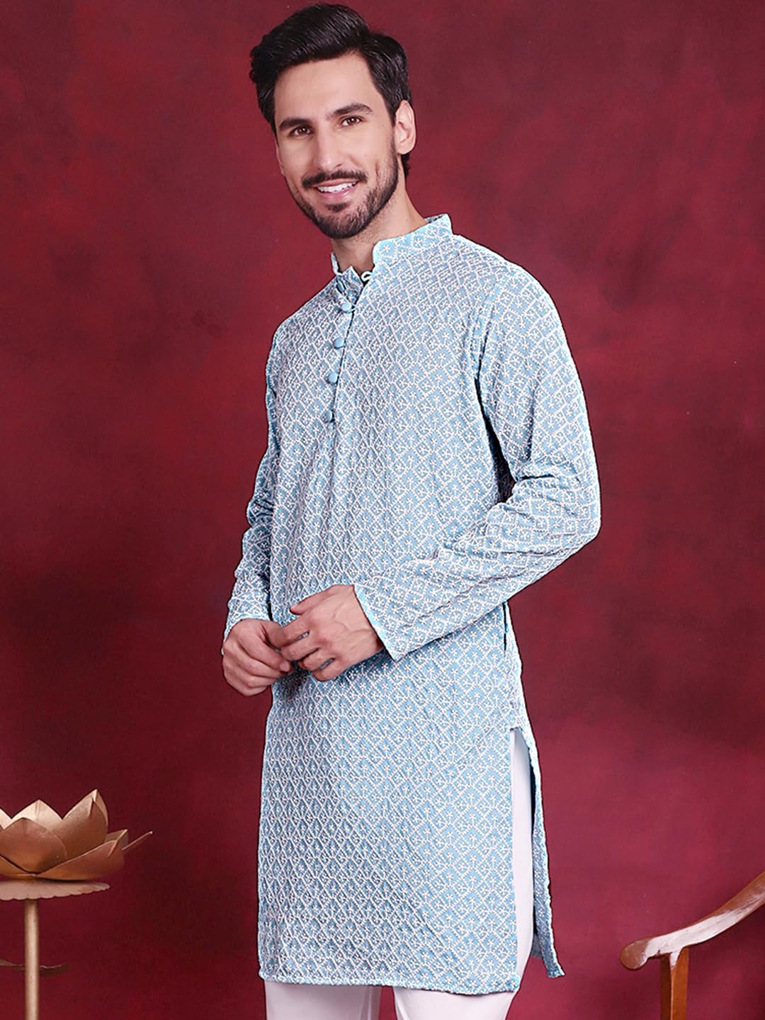 Jompers Chikankari Embroidered Kurtas For Men (Sky, M)