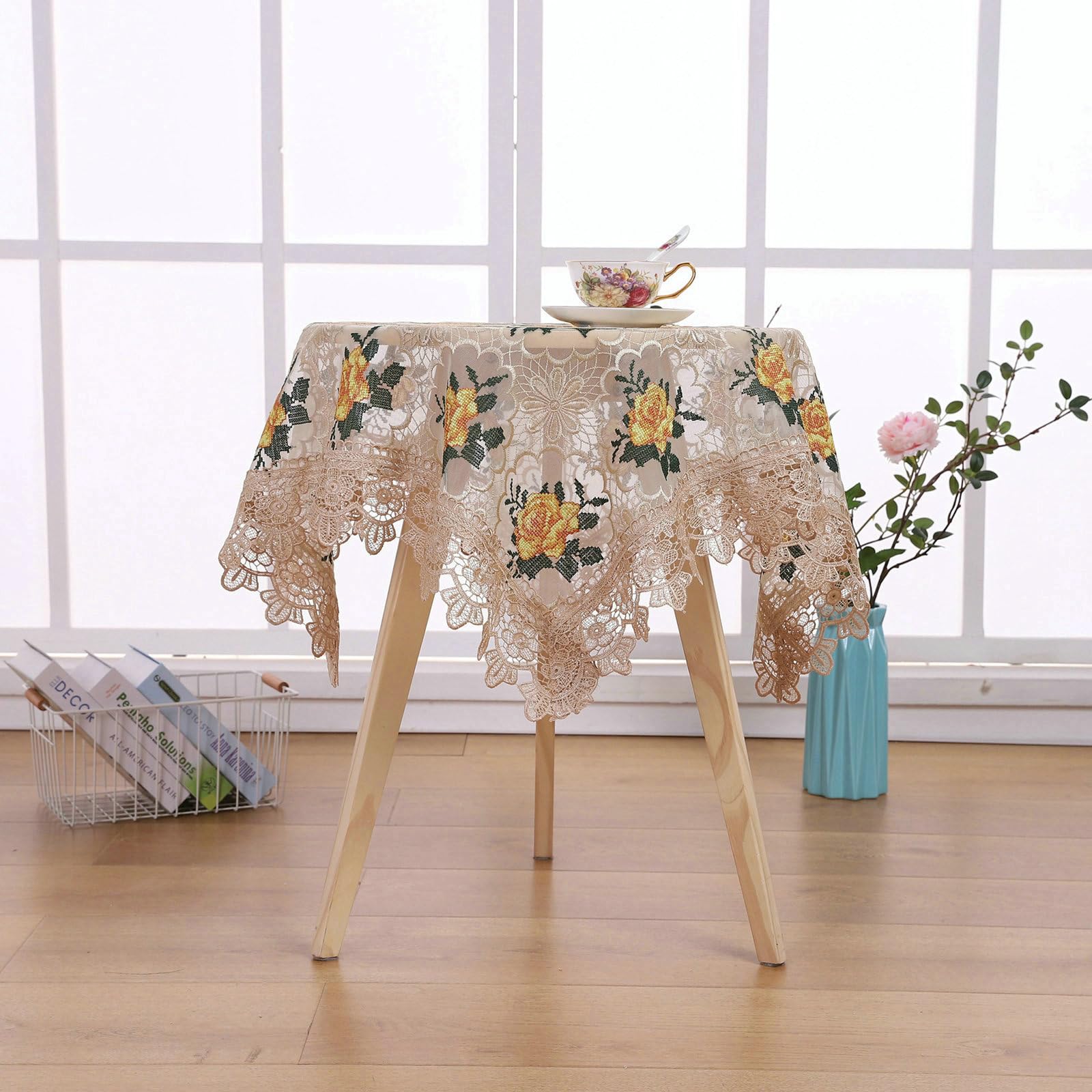 Tischdecke Rund Waschbar 180 cm, Blume Spitze Stickerei - Polyester
