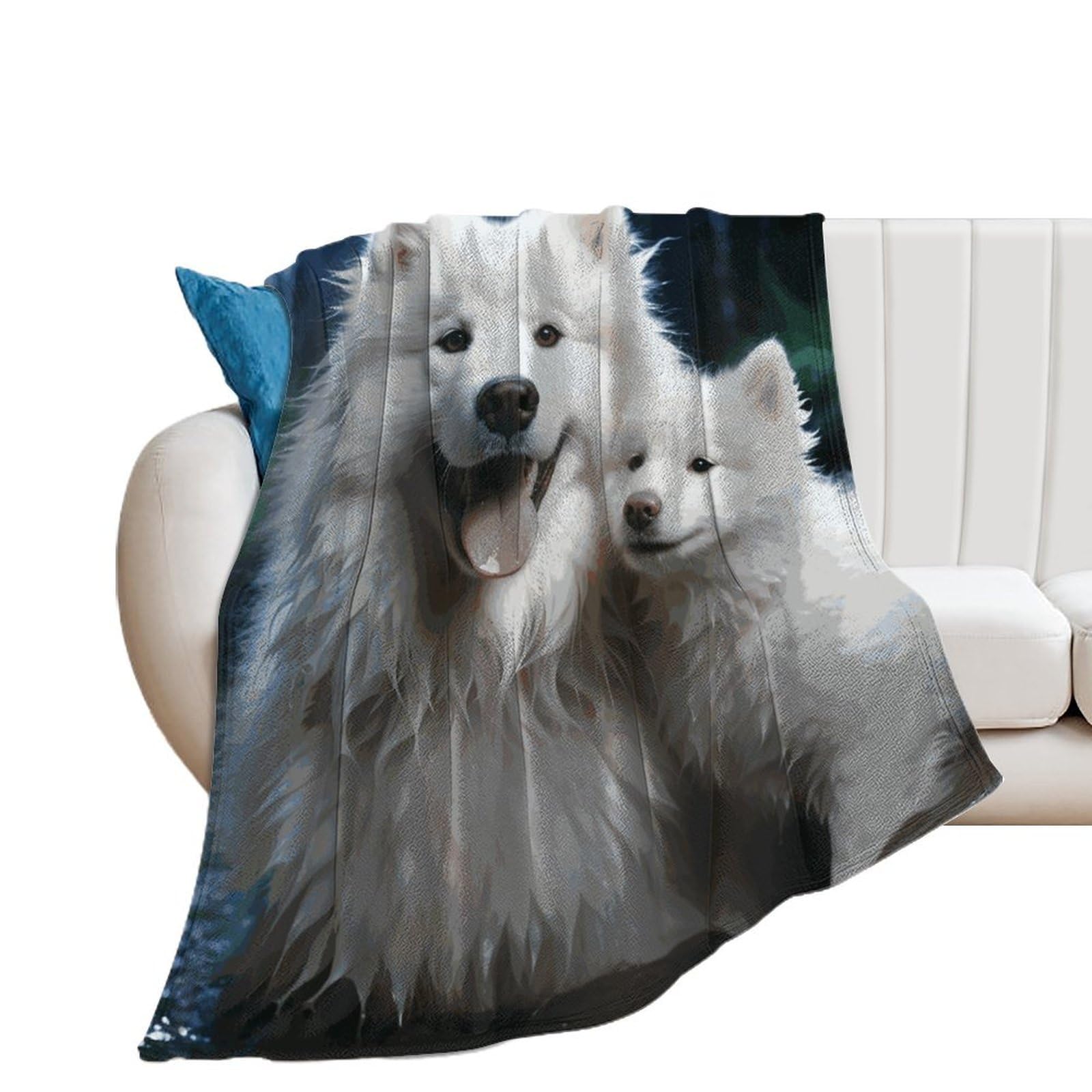 Couverture plaid motif chien blanc en flanelle douceur et tendresse au salon