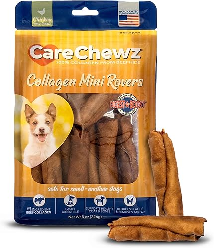 Pet Factory CareChewz - Golosinas masticables para perros con colágeno mini Rovers, sabor a pollo, 8 onzas