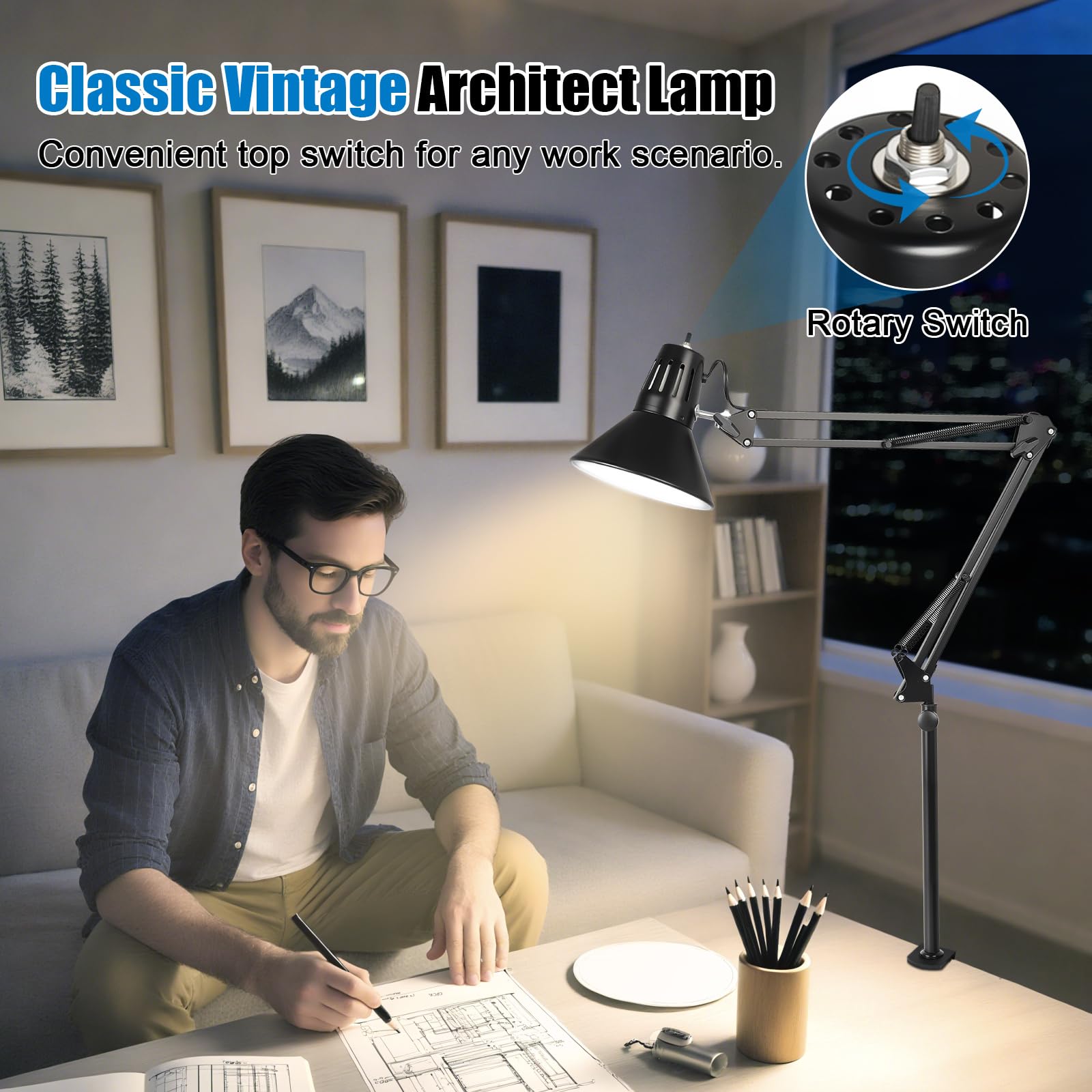 Lampada da scrivania con morsetto a LED, braccio oscillante regolabile a 360°, luce a morsetto con lampadina LED per casa, ufficio, lettura, redazione