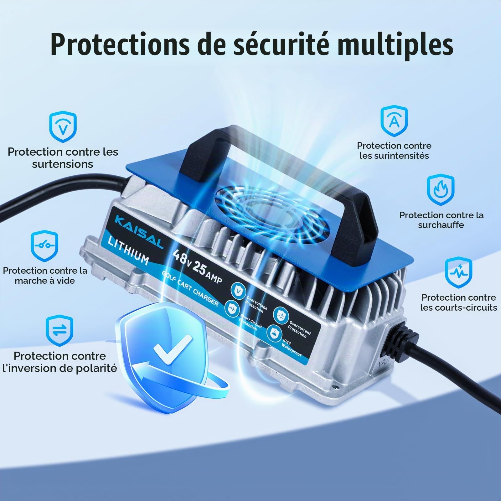Chargeur de Batterie Lithium 48V, Chargeur LiFePO4 58.4V 25A pour Batterie LiFePO4 51.2V/48V,étanche IP67, 1250W, avec Ventilateur, pour Voiturette de Golf, Bateau,Camping-Car et énergie Solaire