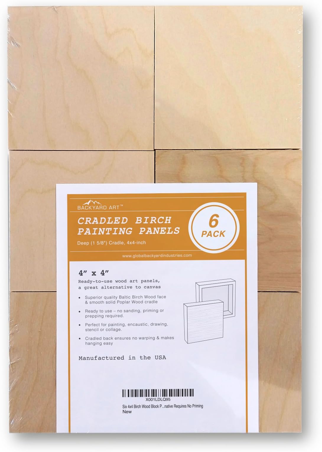Six 4x4 Birch Wood Block Painting Panels by Backyard Art - Perfect Canvas Alternative Requires No Priming