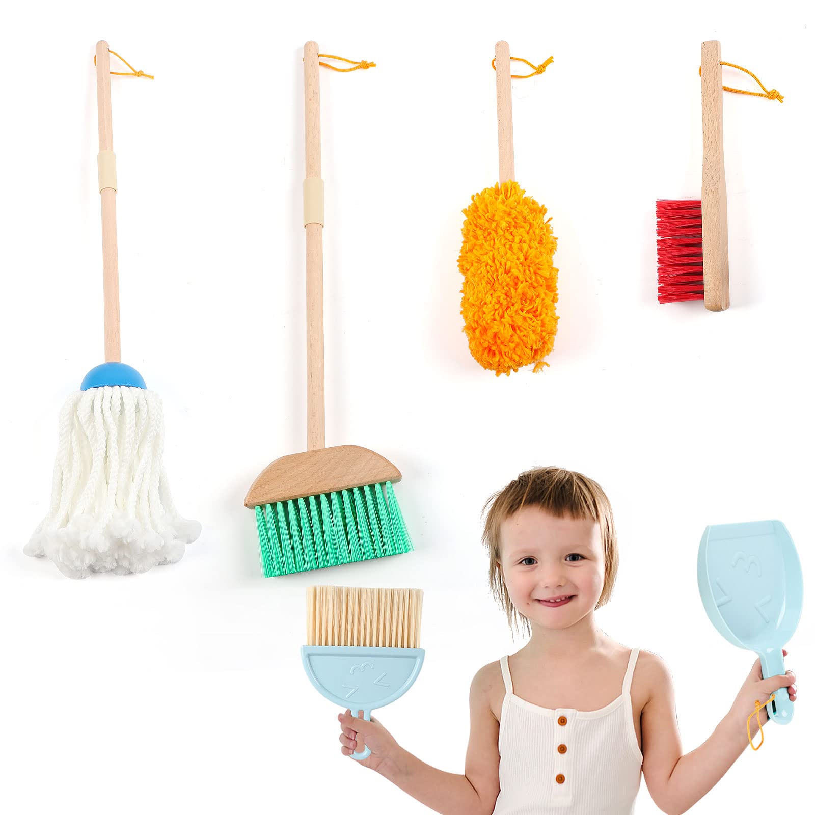 7 STÜCKE Holzchridern Reinigungswerkzeuge Vorgeben Haushaltsspielzeug für Kinder Jungen und Mädchen