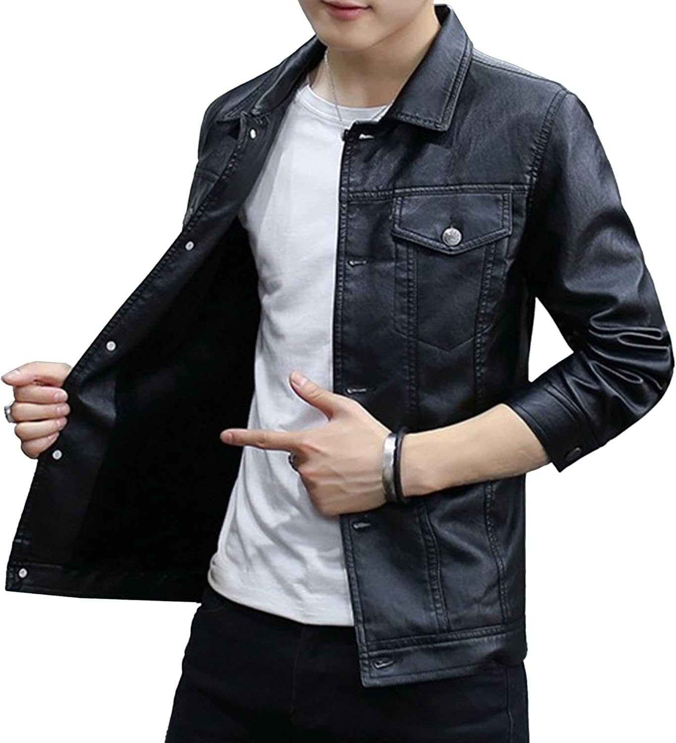 JEKE-DG Men's Slim Fit Button Down Classic Coat Lightweight Faux Leather Fall Coat Jacket Lapel Solid Bomber Coats