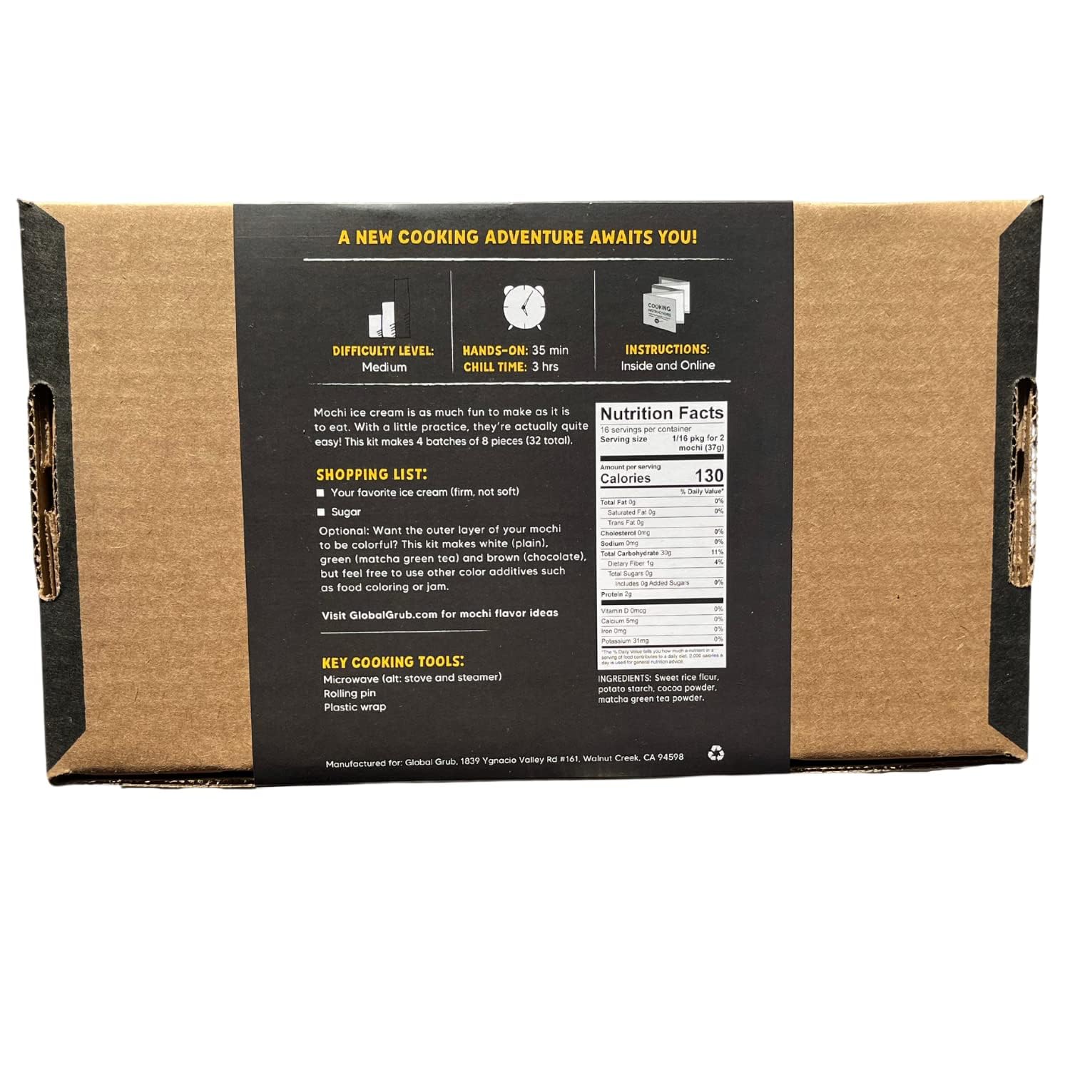 Global Grub Original DIY Mochi Ice Cream Kit - Kit Includes Sweet Rice Flour, Potato Starch, Matcha Powder, Cocoa Powder, Ice Cream Mochi Maker, Dough Cutter, Cooking Instructions. Makes 32 Pieces