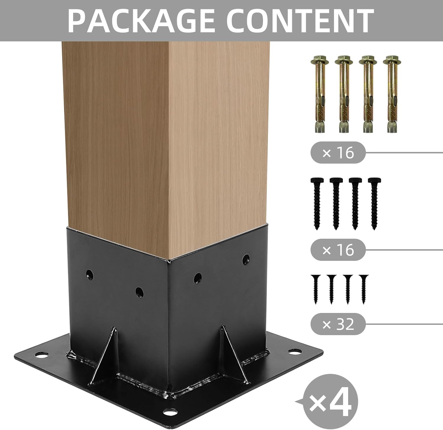 4x4 Post Base 4 Pcs, Deck Post Base Brackets(Inner 3.6"x3.6") Black Powder Coated Post Anchor Wood Post Bracket Pergola Brackets for Mailbox Deck Railing Porch