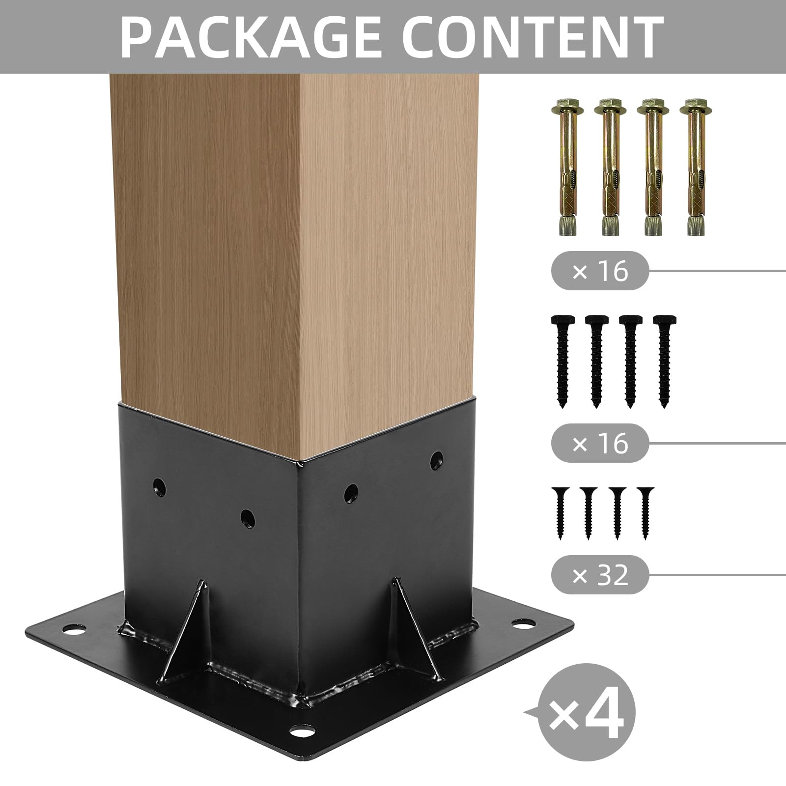 Base de poste de 4 x 4, 4 piezas, base de anclaje para poste de cubierta (interior de 3.5 x 3.5 pulgadas), soporte de poste con recubrimiento en polvo negro, soportes de pérgola para valla