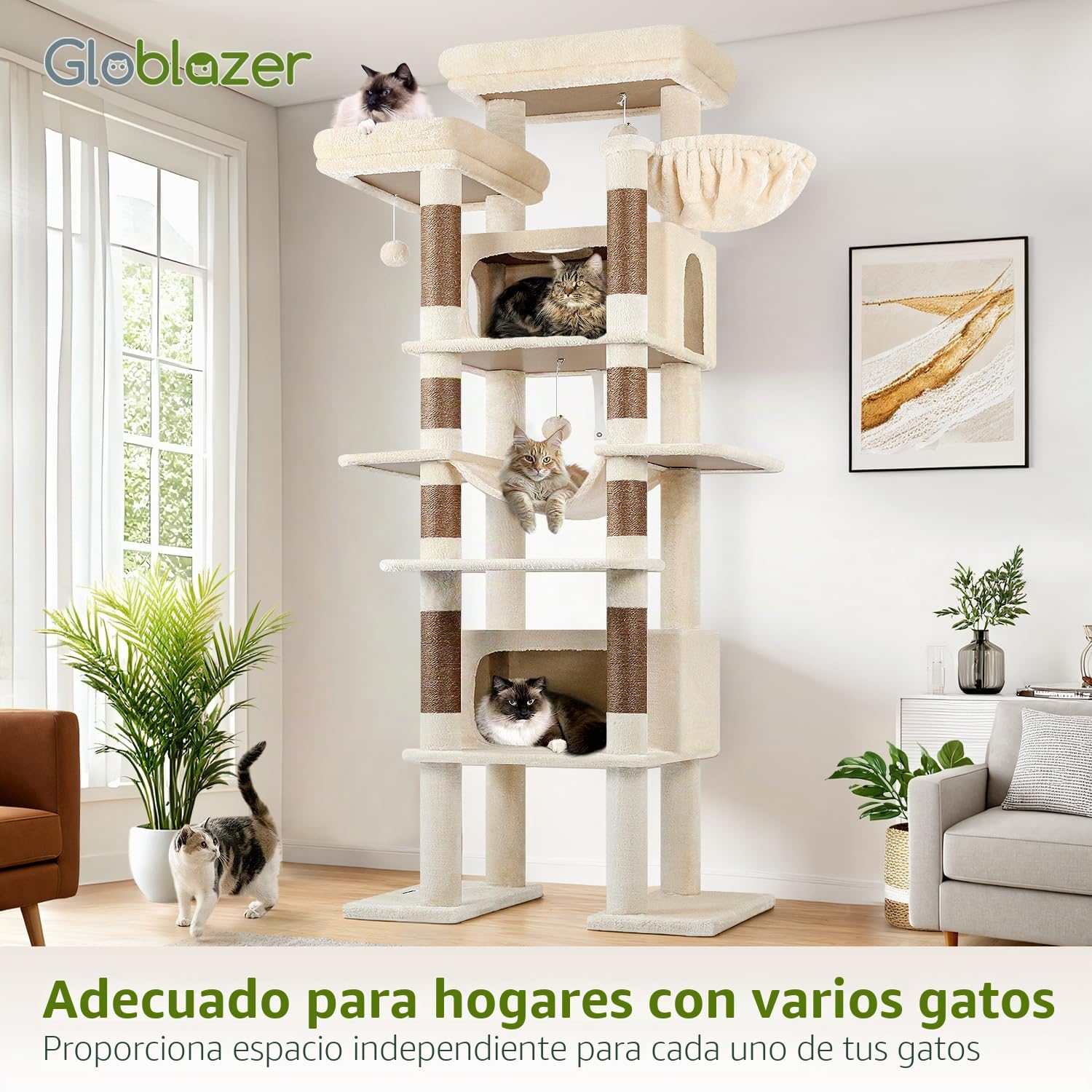 Globlazer Árbol Rascador para Gatos Beige Grandes XXL Alto 213 cm con 2 Grande Nidos 50*30*30CM, 2 Plataformas, Percha, Cesta, Lujo Estable Torre Gato Multinivel para Vario Gatos Adultos (F83B, Beige)